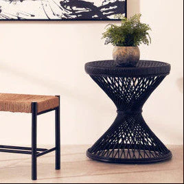 Black Rattan Side Table with Twisted Base and Tight Weave Top, Mataram - Image 4