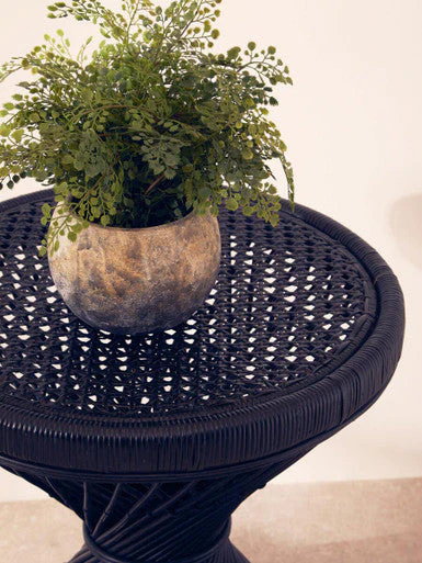 Black Rattan Side Table with Twisted Base and Tight Weave Top, Mataram - Image 5