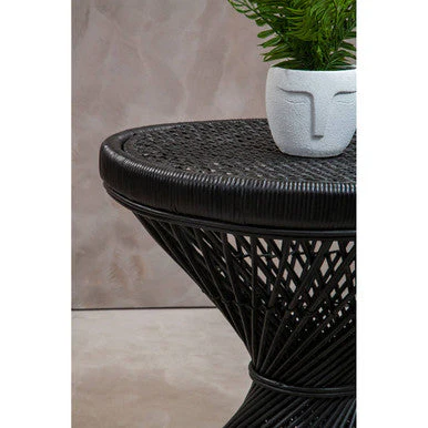 Black Rattan Side Table with Twisted Base and Tight Weave Top, Mataram - Image 7