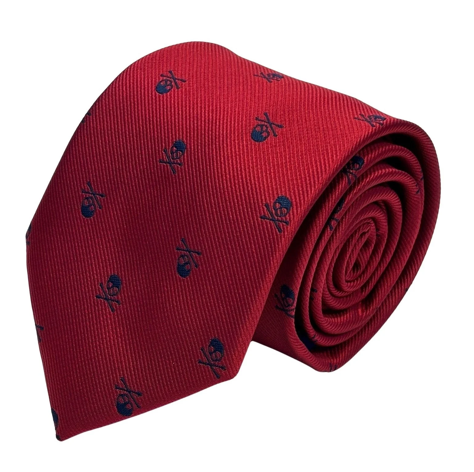 matching dark red tie and pocket square with navy blue skull and crossbone design - Image 2