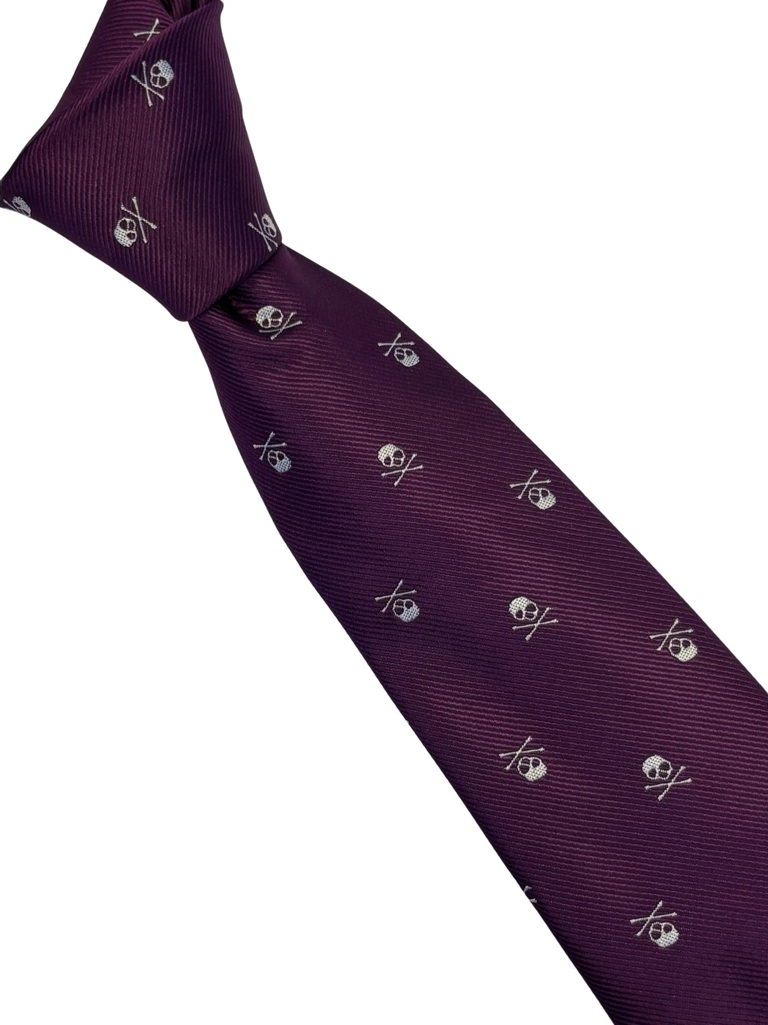 matching purple tie and pocket square with white skull and crossbone design - Image 2