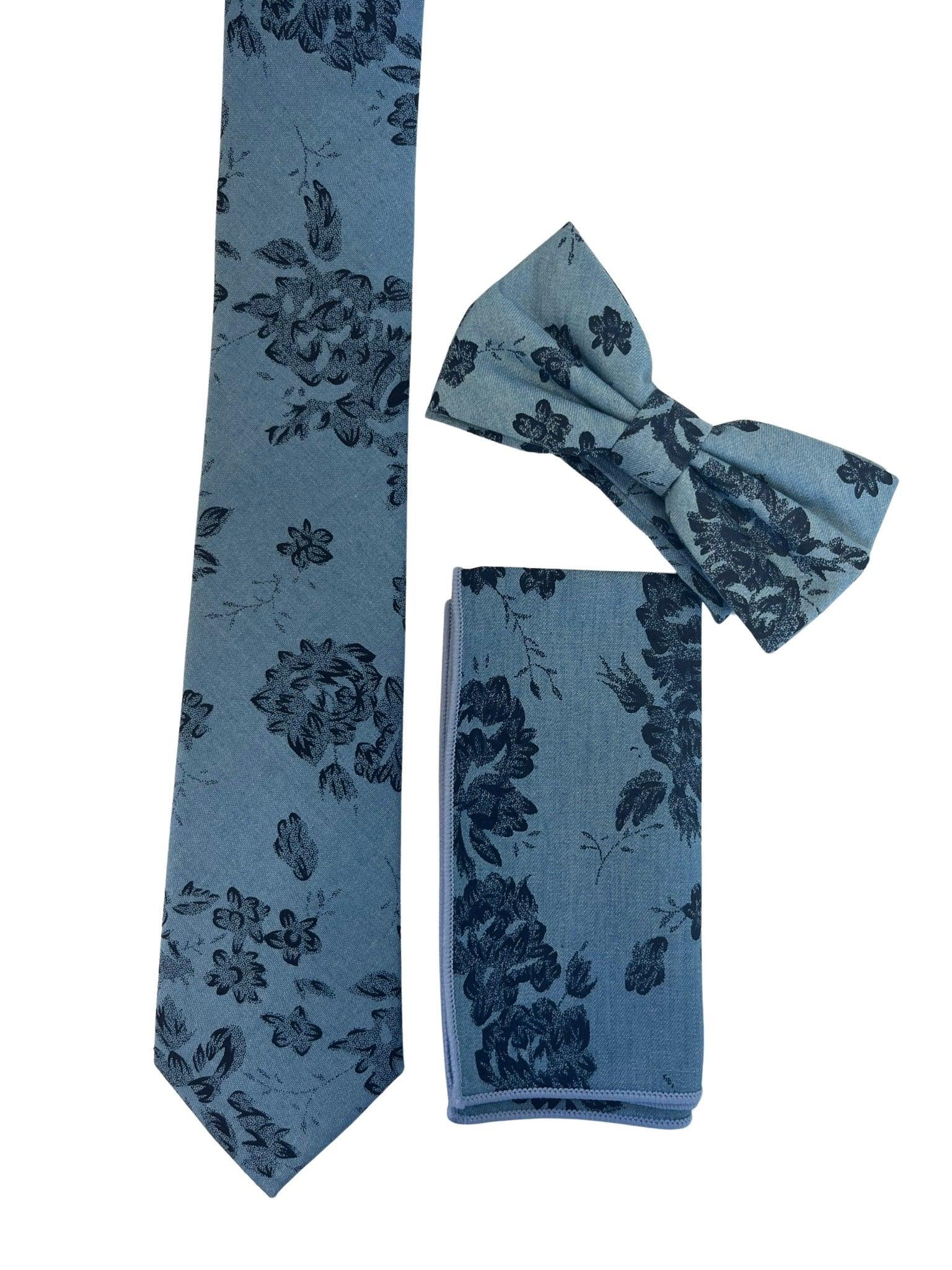 Medium denim blue stencil english wild-flower floral design cotton tie - Image 6