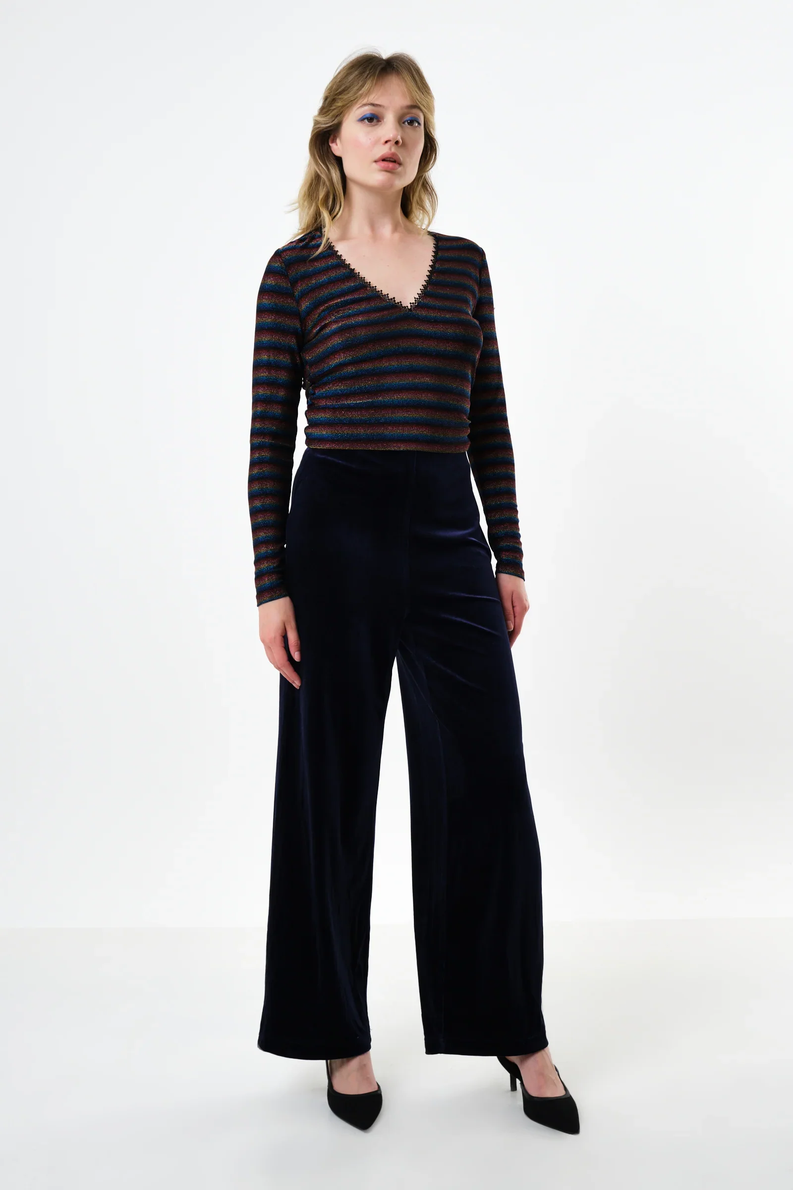 Melvin Velvet Wide Leg Trousers - Navy - Image 4