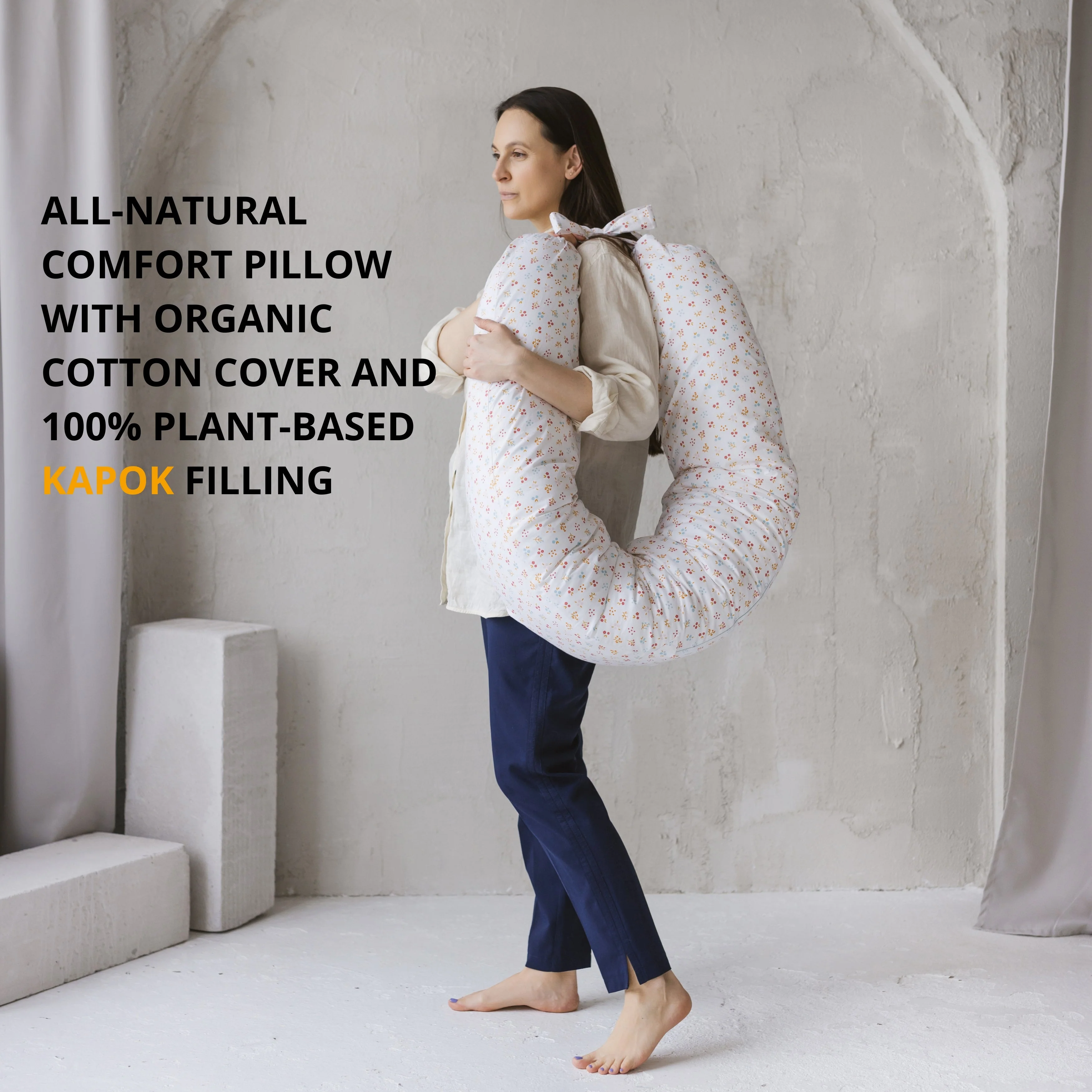 MINICAMP C-Shape Nursing & Maternity Pillow with Organic Milk White Cover | Natural Kapok or PES Filling - Image 2