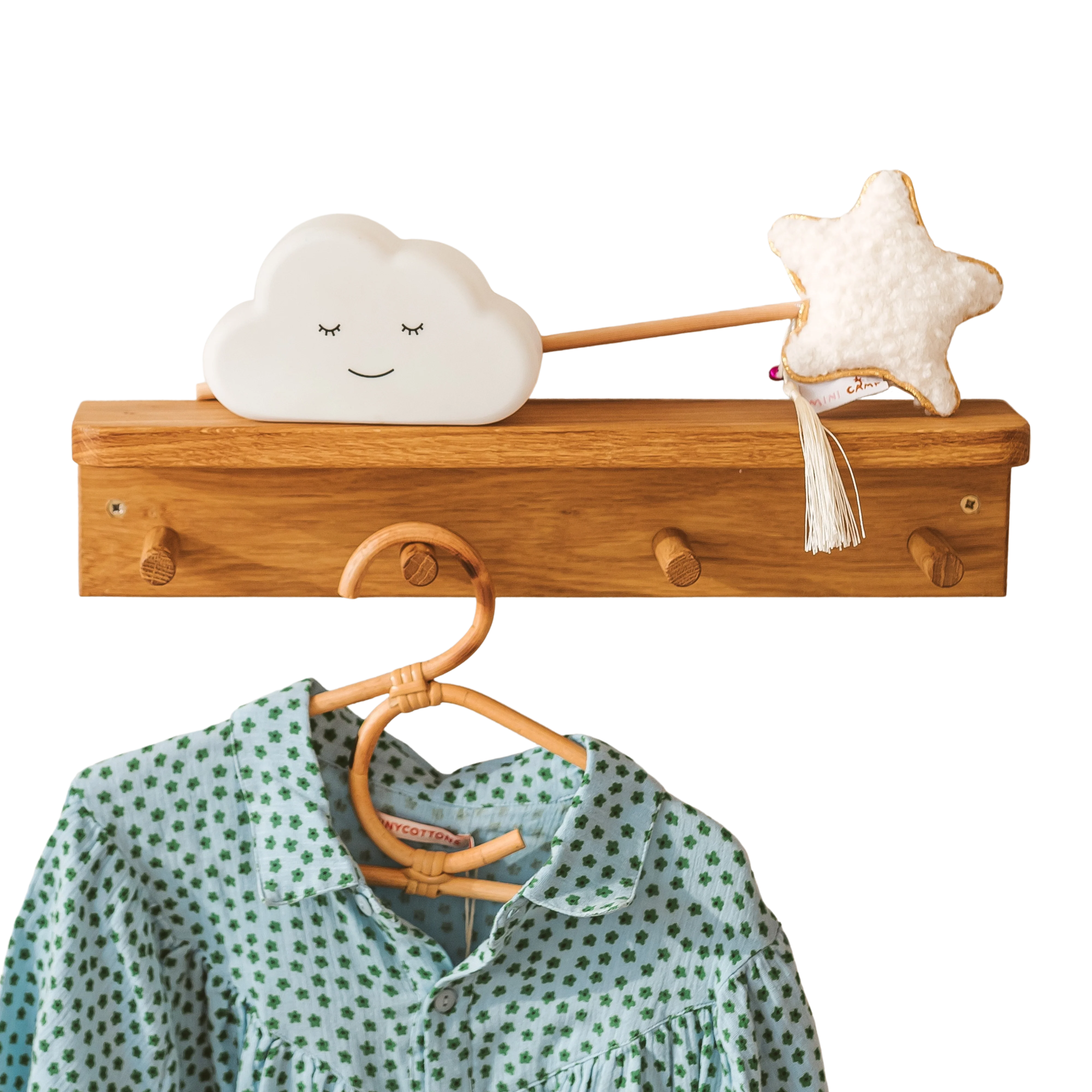 MINICAMP Floating Kids Bookshelf with Coat Hooks Made of Solid Oak