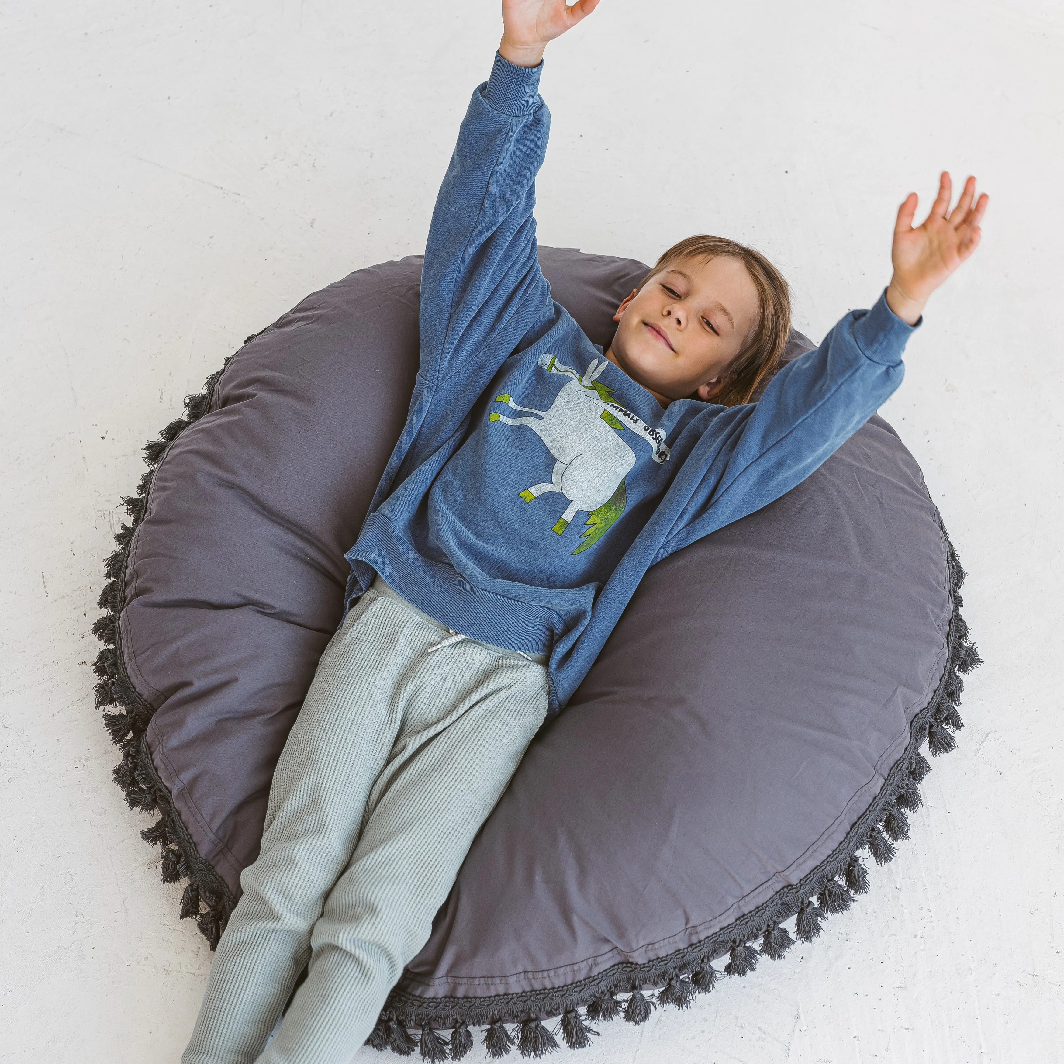 MINICAMP Large Floor Cushion with Tassels in Grey - Image 4