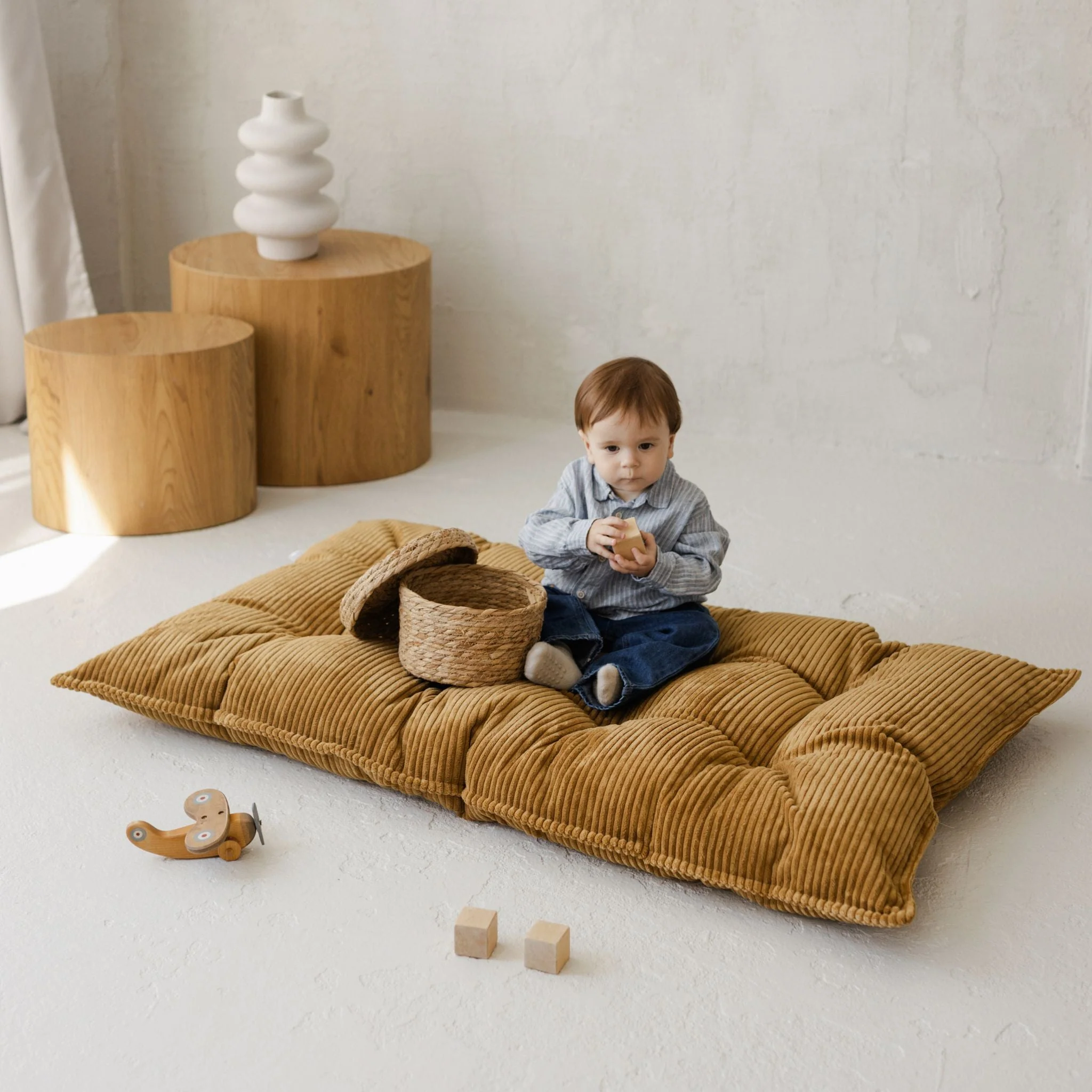 MINICAMP Tufted Corduroy Floor Cushion, French Style Pillow in Mustard - Image 2