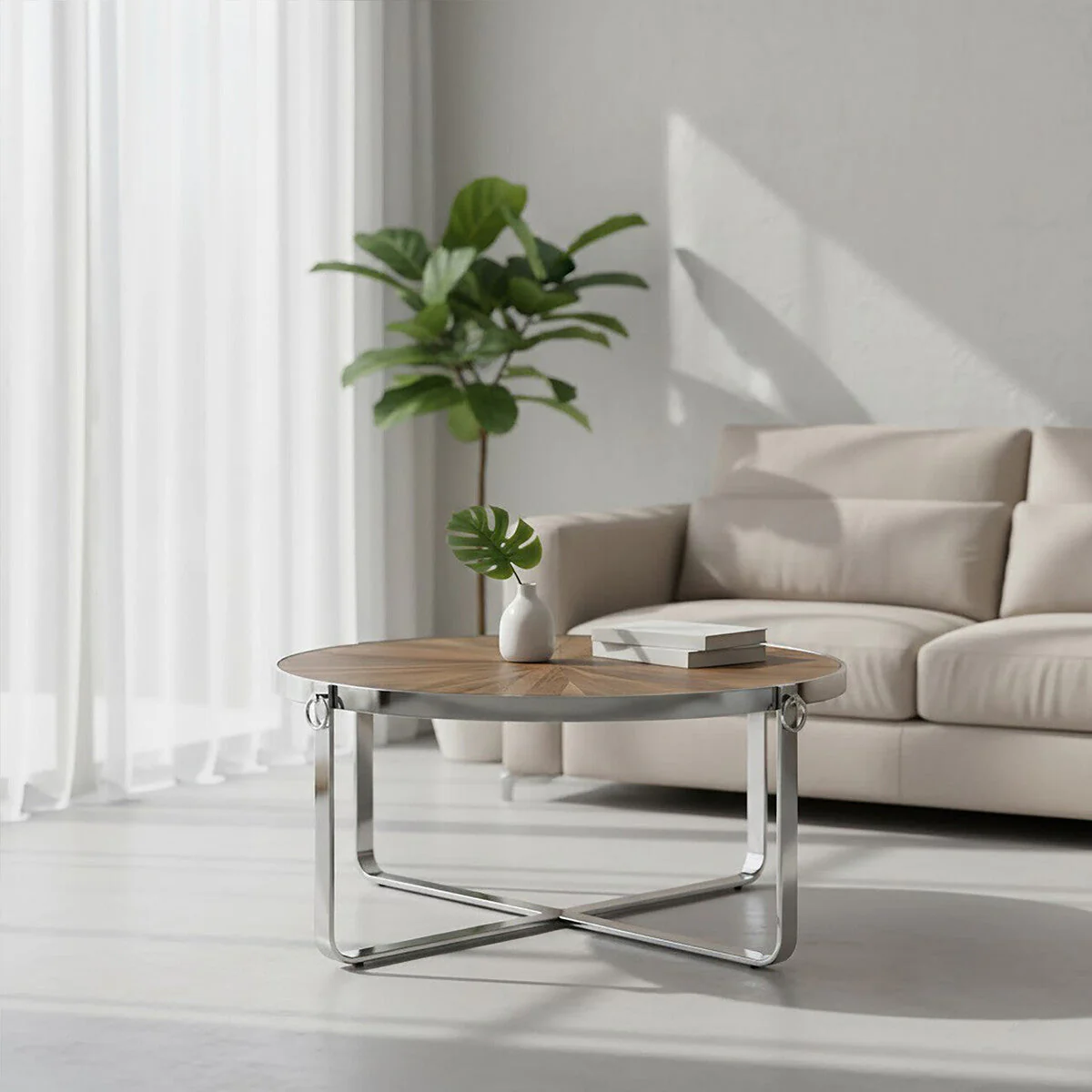 Natural Elm Wood Top Carousel Wedge Coffee Table with Silver Stainless Steel Base, Mitra - Image 3