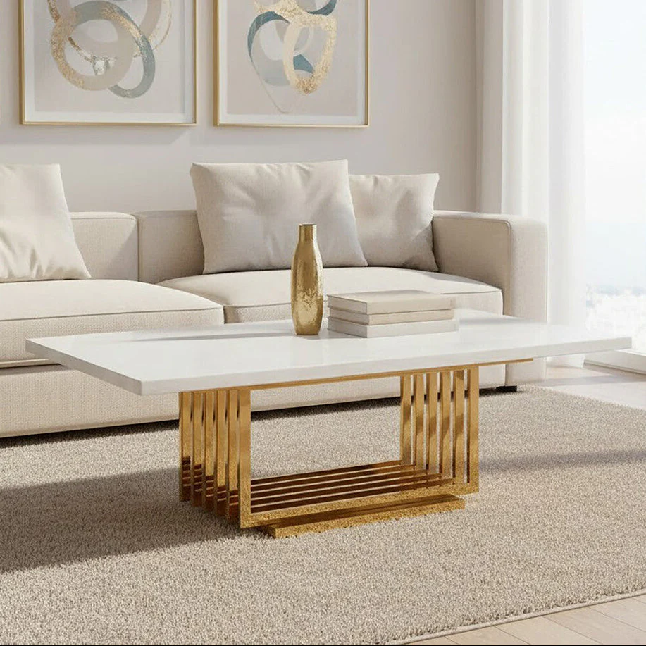 Ivory White Faux Marble Top Coffee Table with Geometric Gold Finished Stainless Steel Frame, Moda