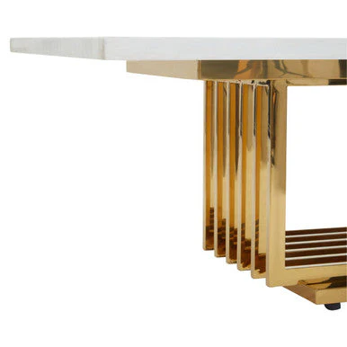 Ivory White Faux Marble Top Coffee Table with Geometric Gold Finished Stainless Steel Frame, Moda - Image 6