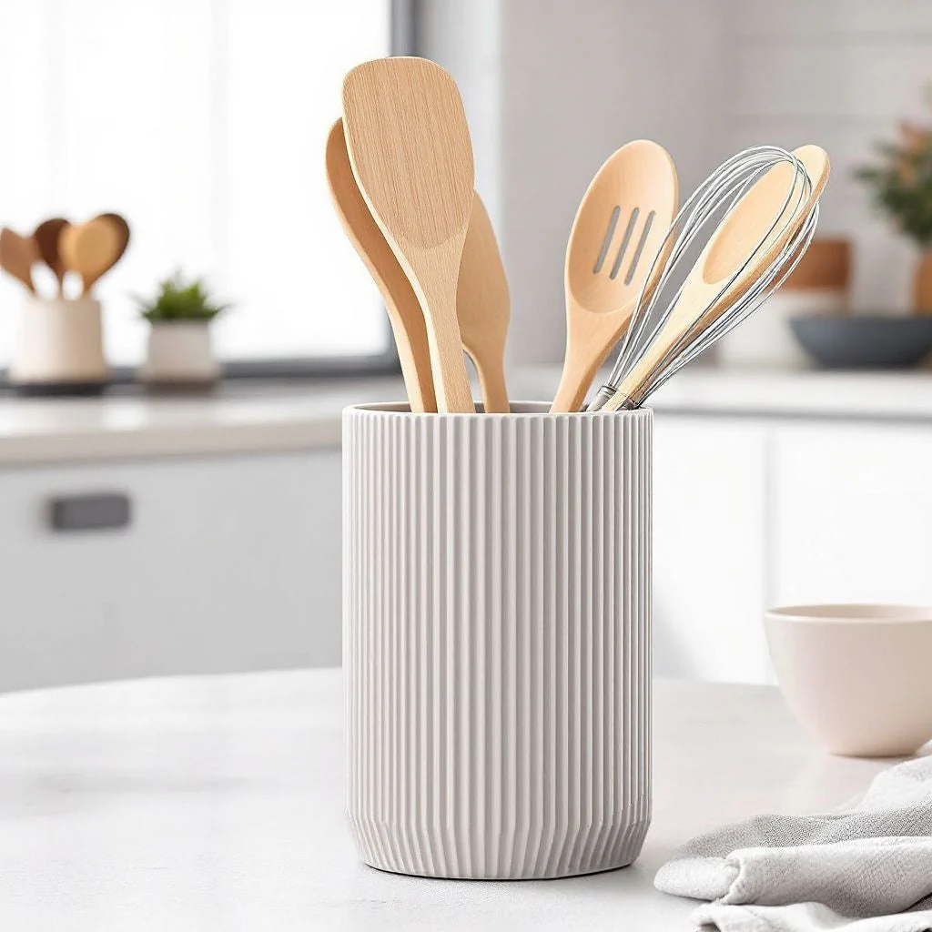 Modern Ribbed Kitchen Utensil Holder – Minimalist Ceramic Pot for Cooking Tools & Countertop Storage - Image 6