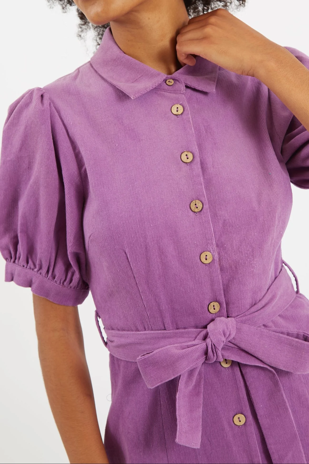 Mollie Lilac Baby Cord Puff Sleeve Midi Dress - Image 3