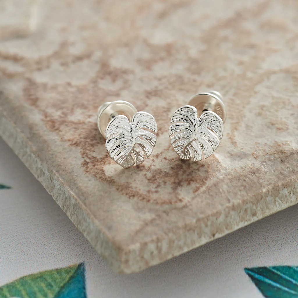 Monstera Palm Leaf Silver Stud Earrings - Image 4
