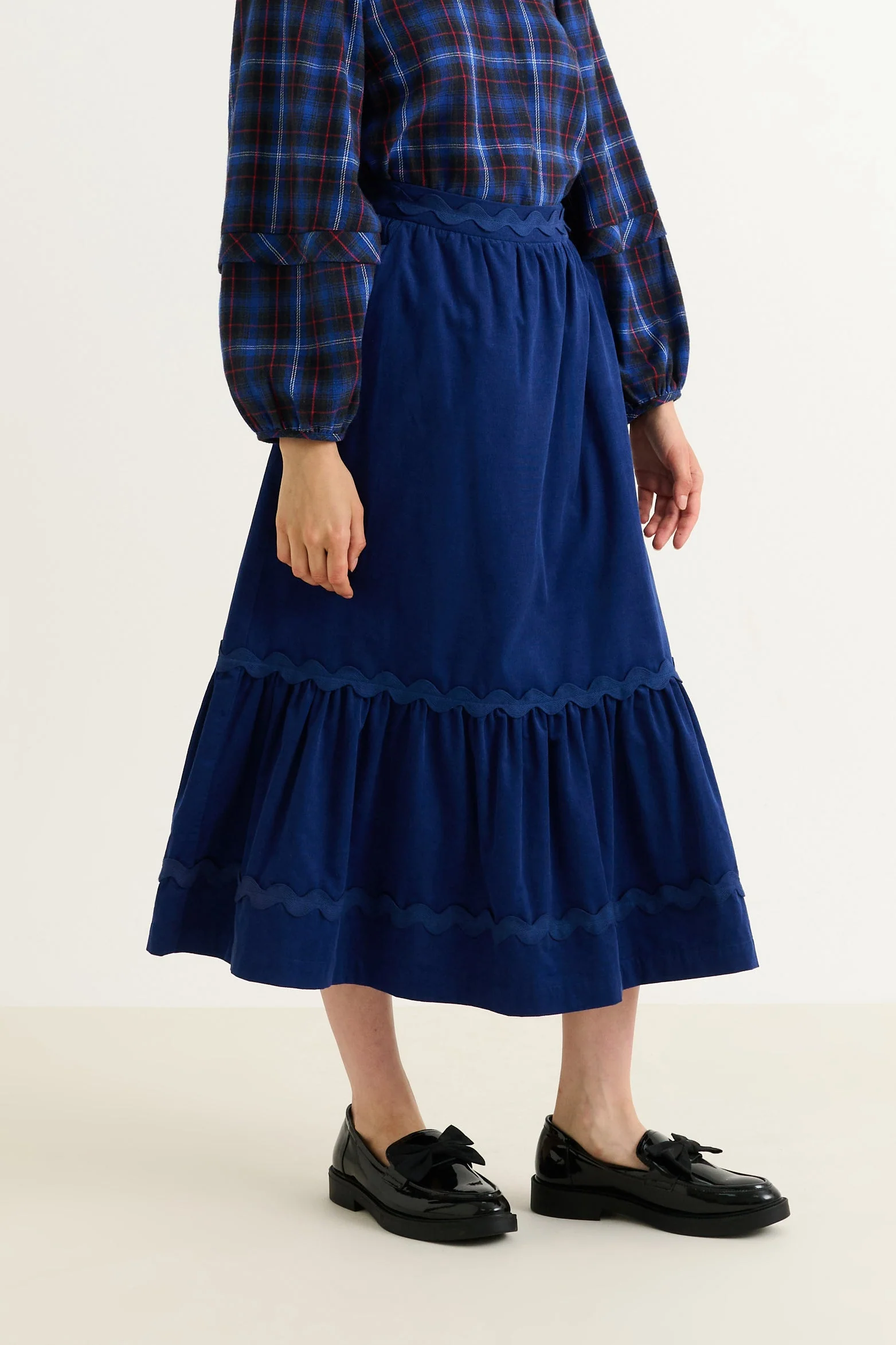Montana Babycord Ric Rac Trim Tiered Midi Skirt - Navy