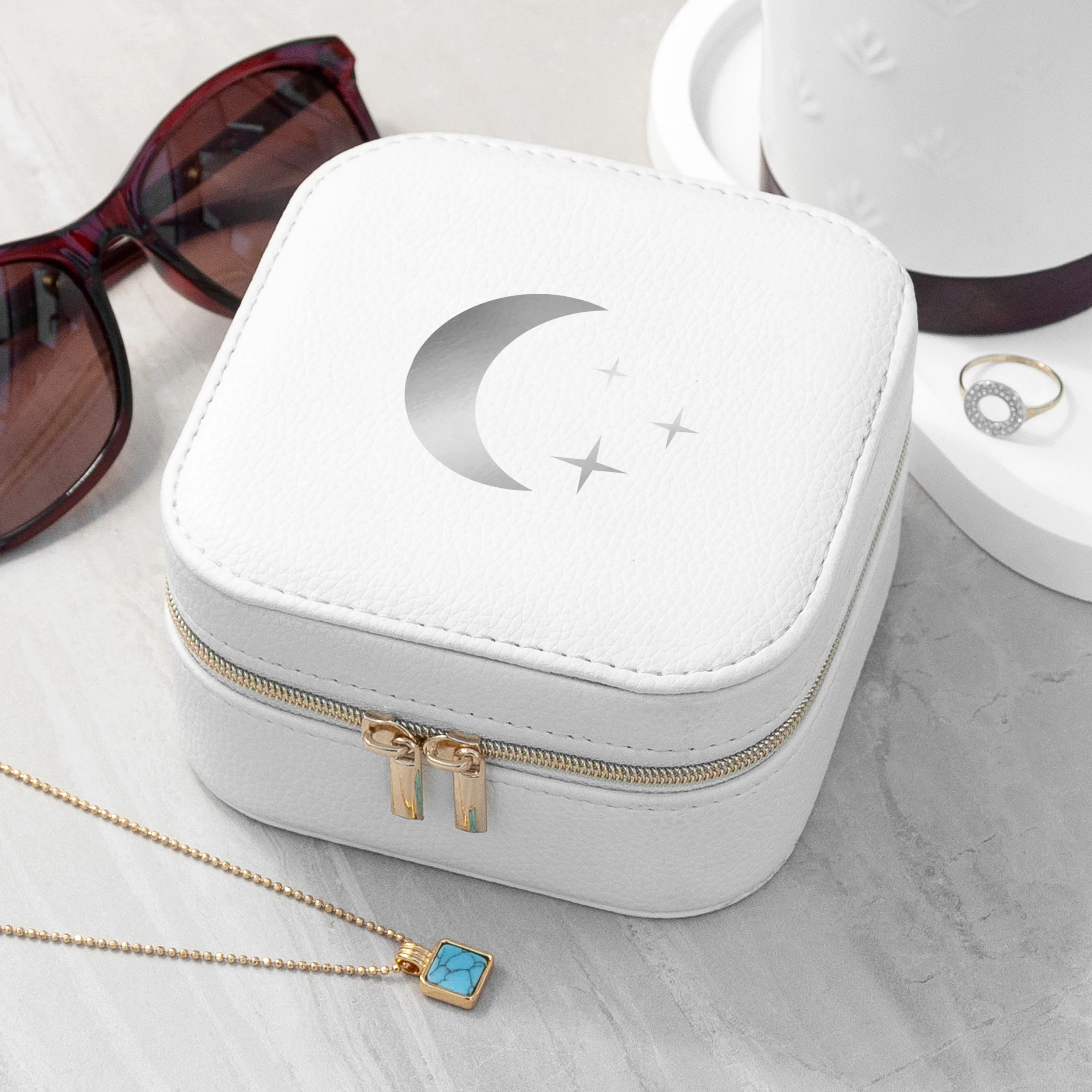 Moon and Stars White Travel Jewellery Case