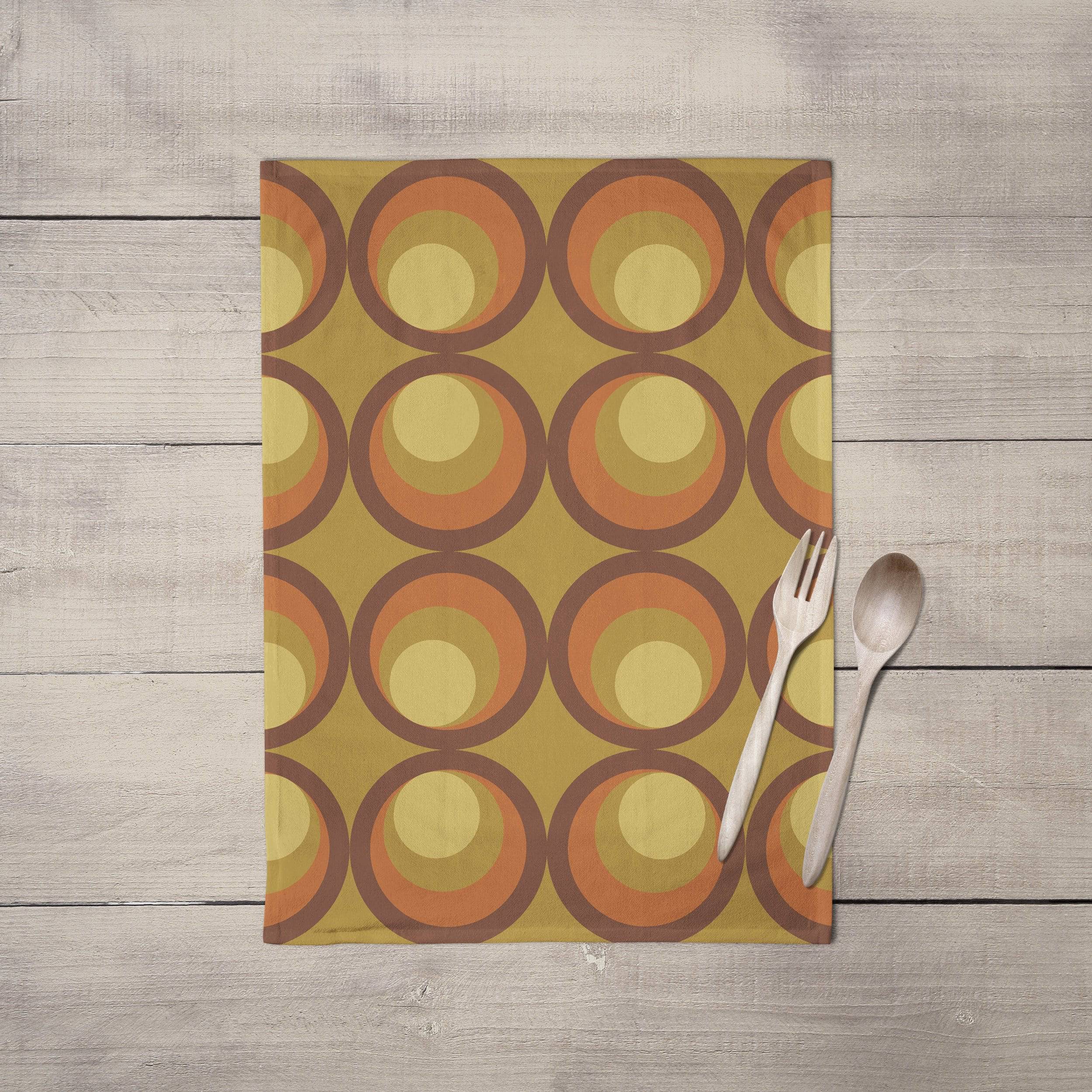 Mustard Yellow Tea Towel with Orange and Brown Retro Design, Dish Towels, Kitchen Towels - Image 6