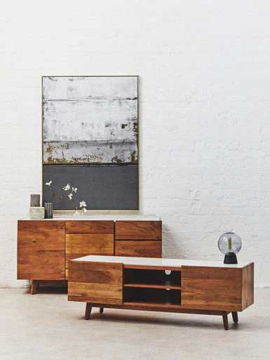 Myan Acacia Wood and White Marble Media Unit - Image 3