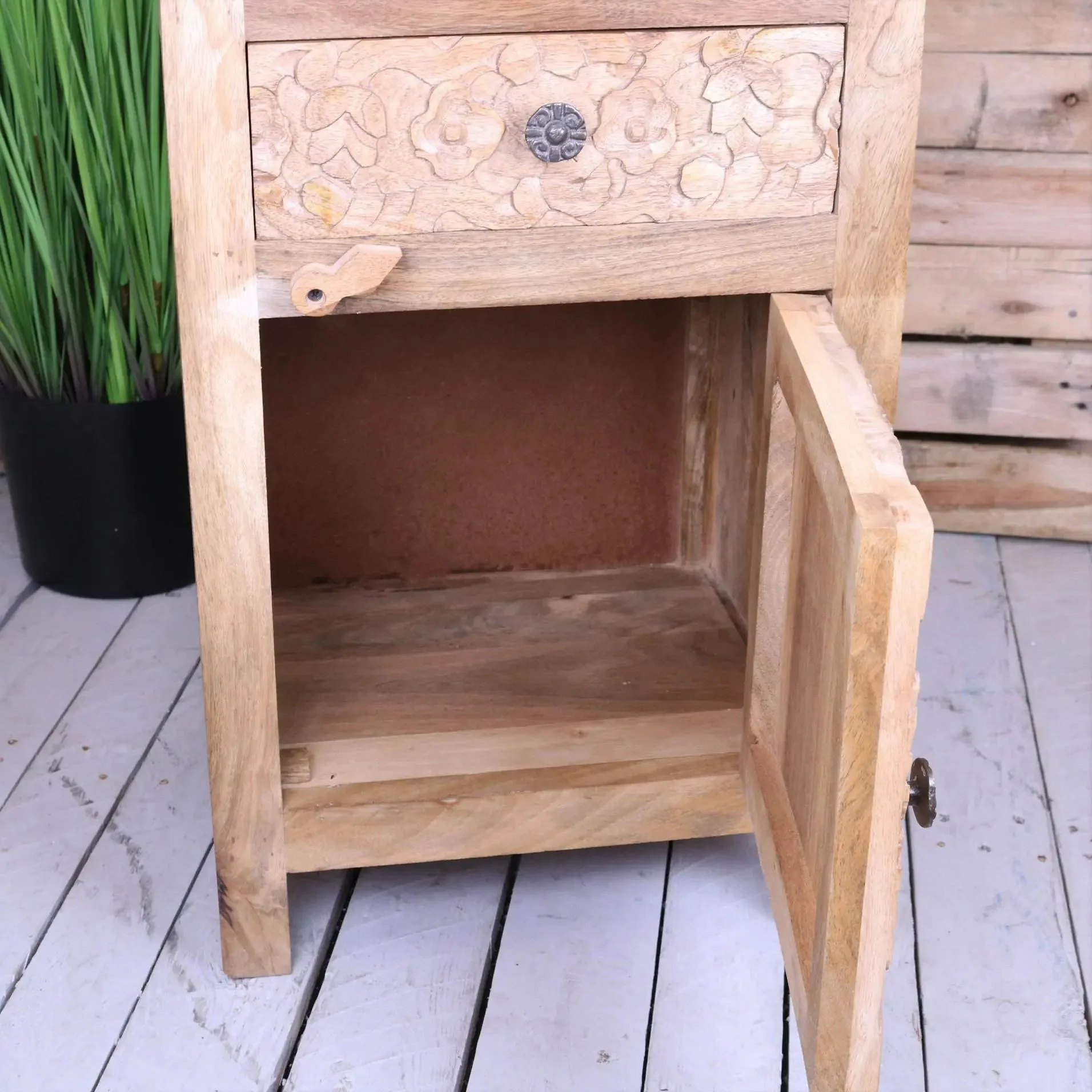 Nausel Mango Wood Bedside Cabinet Hand Carved - Image 3