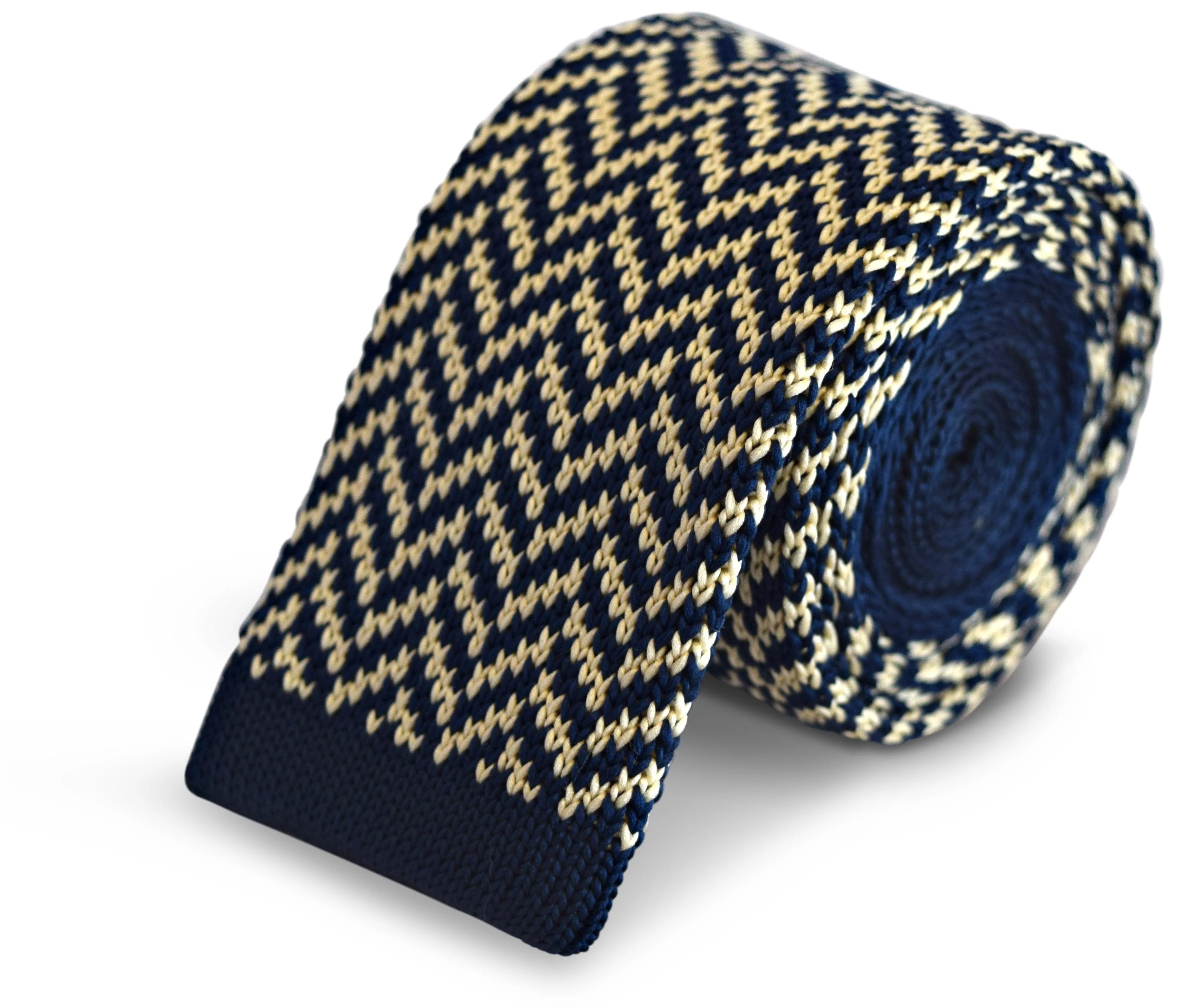 navy blue and ivory cream herringbone knitted tie - Image 2