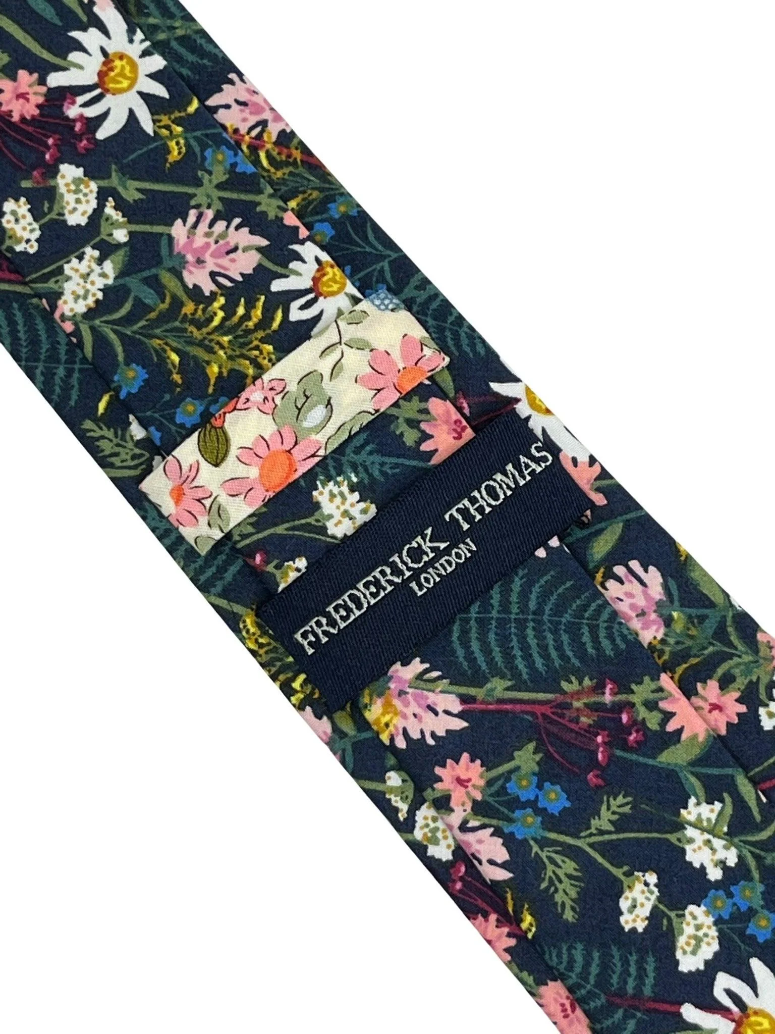 navy blue cotton tie with wild English flower garden floral design - Image 4
