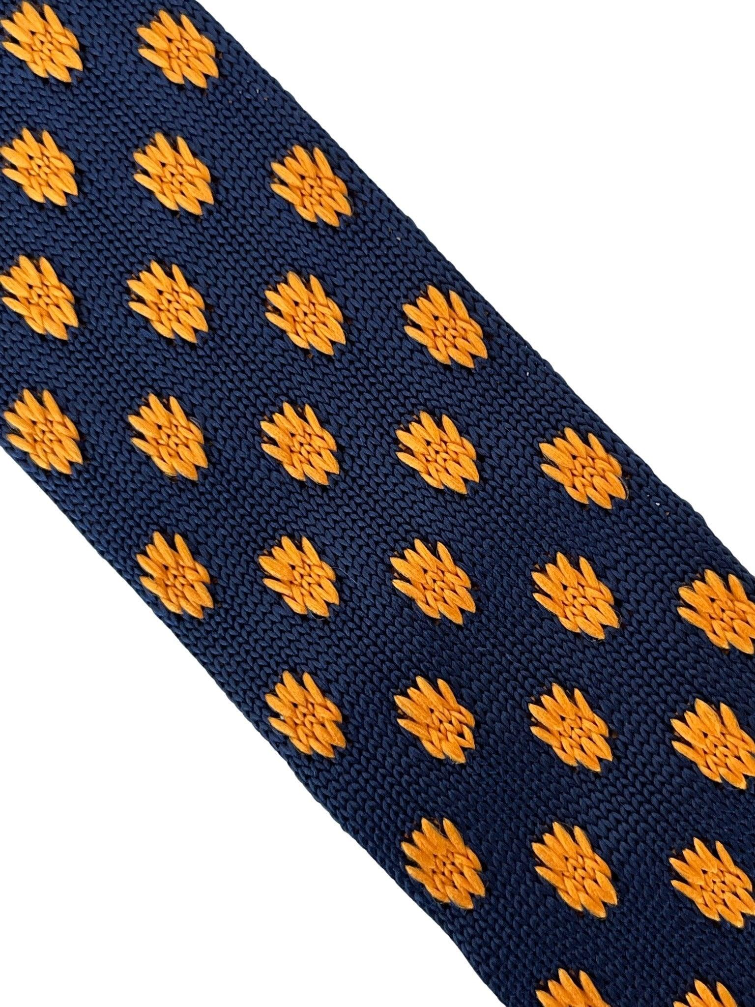 navy blue knitted tie with golden sunflower embroidered design - Image 3