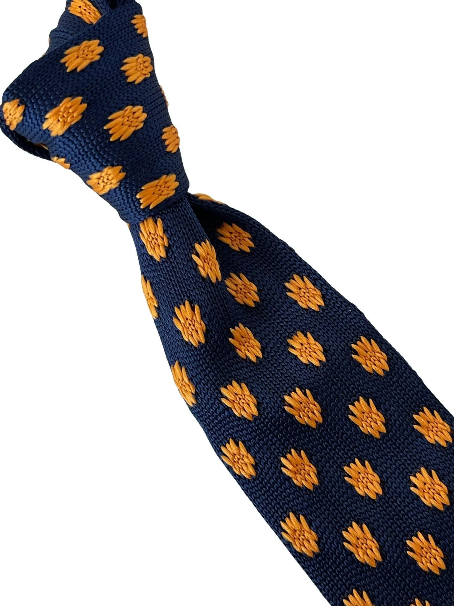 navy blue knitted tie with golden sunflower embroidered design - Image 4