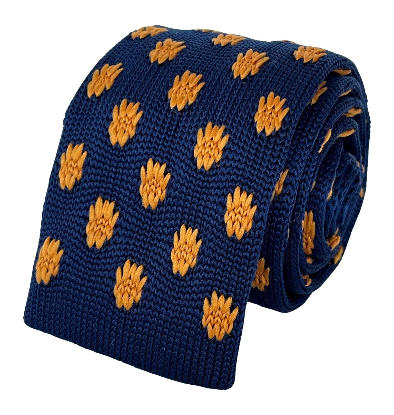 navy blue knitted tie with golden sunflower embroidered design - Image 5