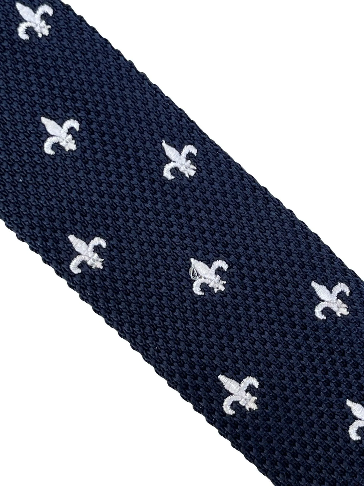 navy blue knitted tie with white embroidered fleur de lis lys design - Image 3