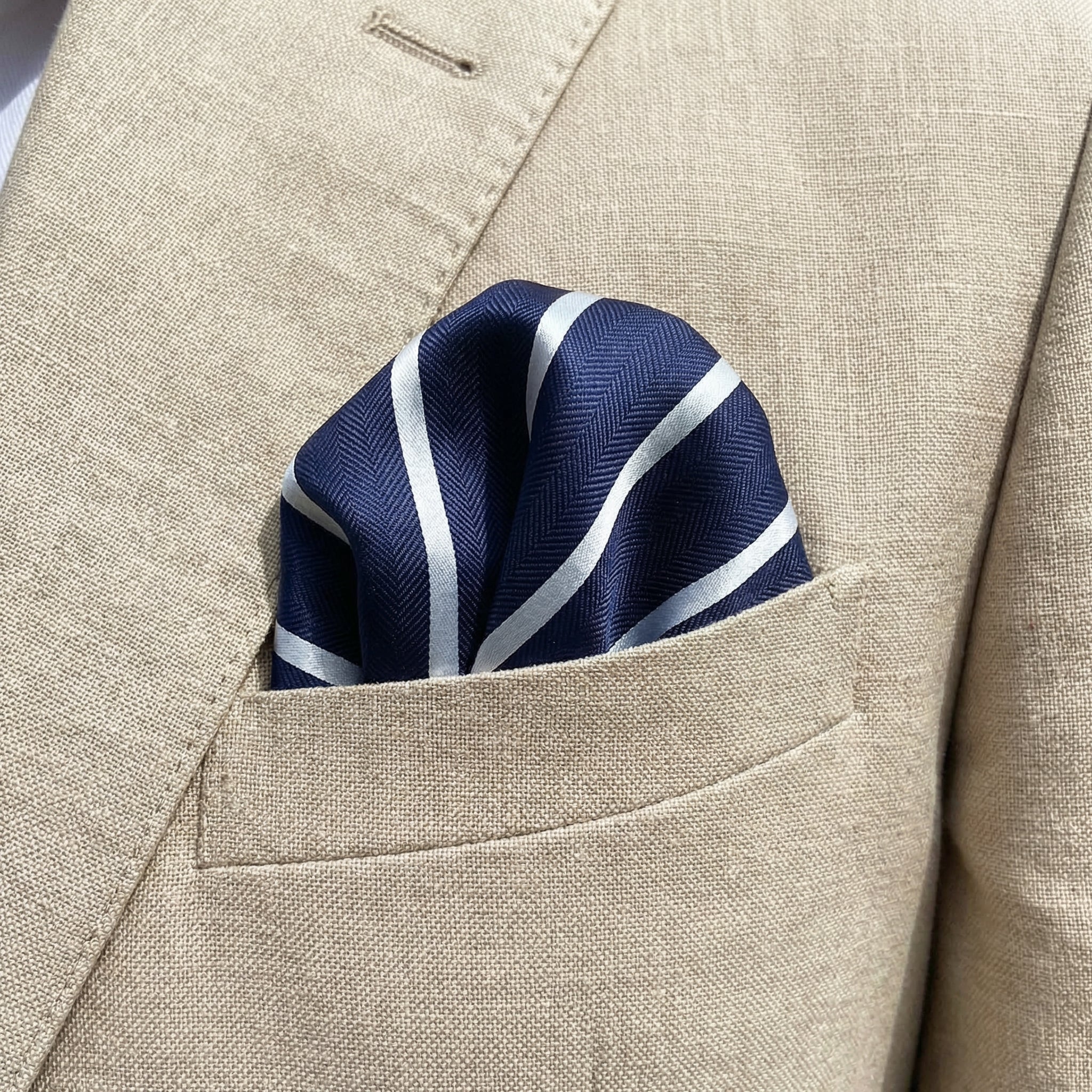 Navy Blue & Light Blue Stripe Pocket Square - Hawksmoor Edit - Image 3