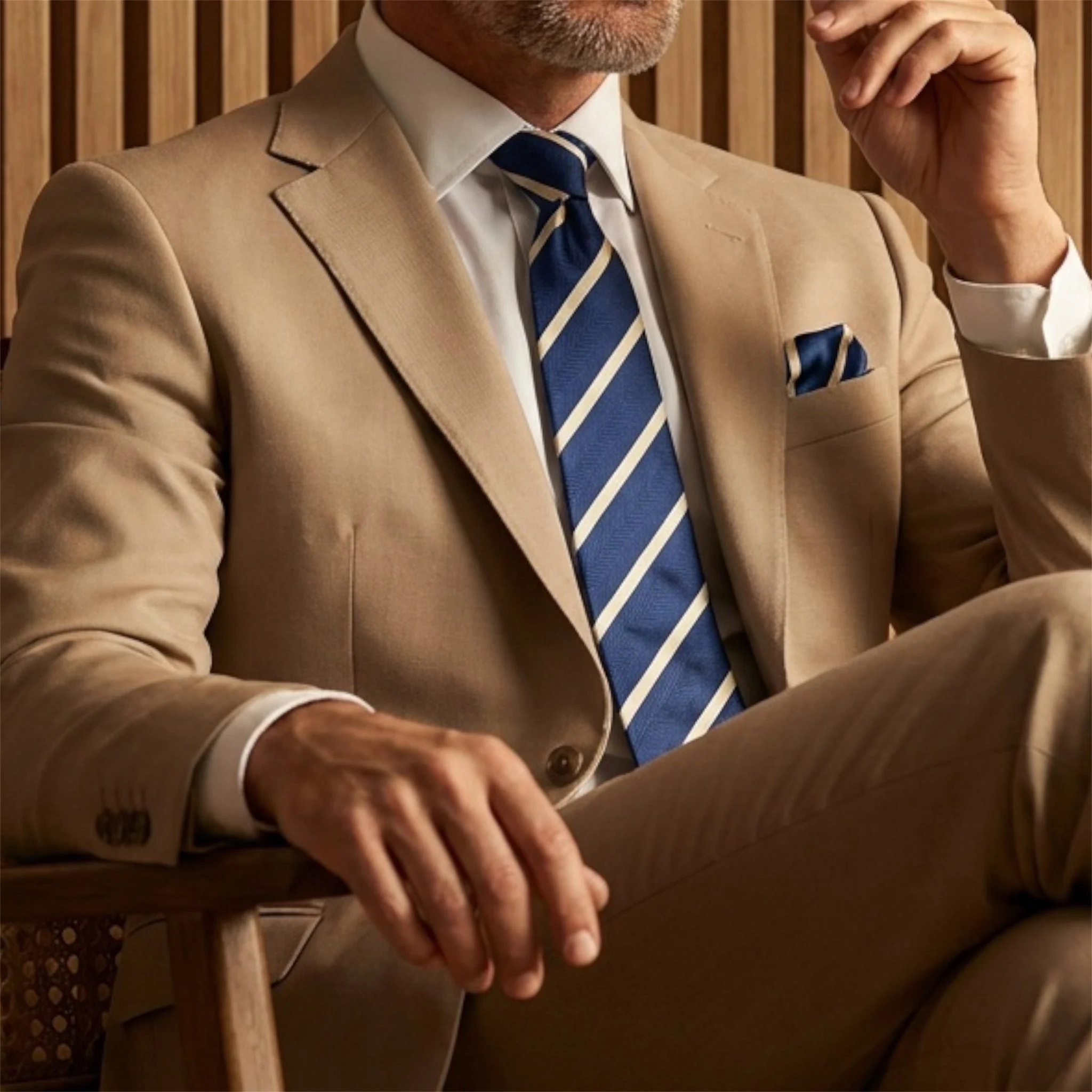 Navy Blue & Pale Yellow Stripe Pocket Square - Hawksmoor Edit - Image 2