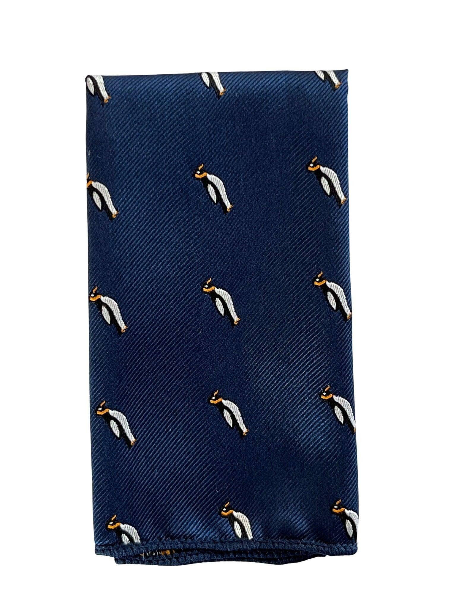navy blue pocket square with embroidered penguin design - Image 2