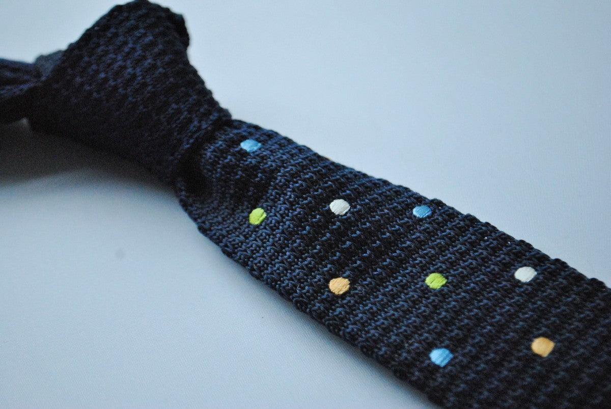 navy blue skinny knitted tie with multicoloured polka dots - Image 2