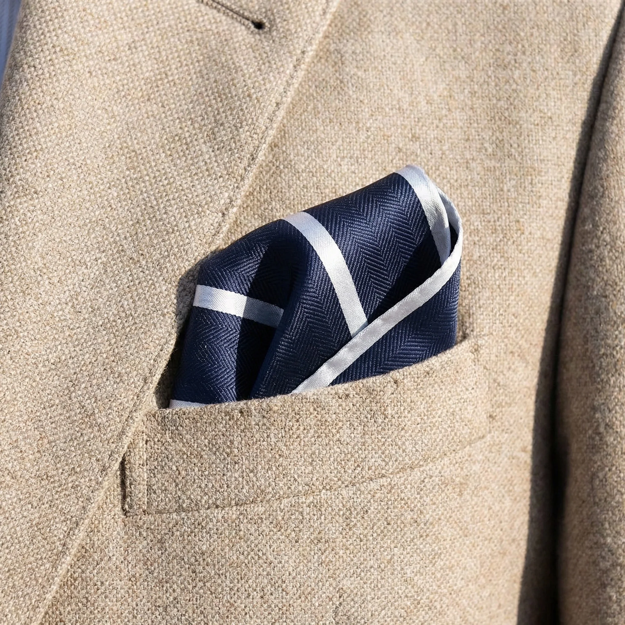 Navy Blue & White Stripe Pocket Square - Hawksmoor Edit - Image 3