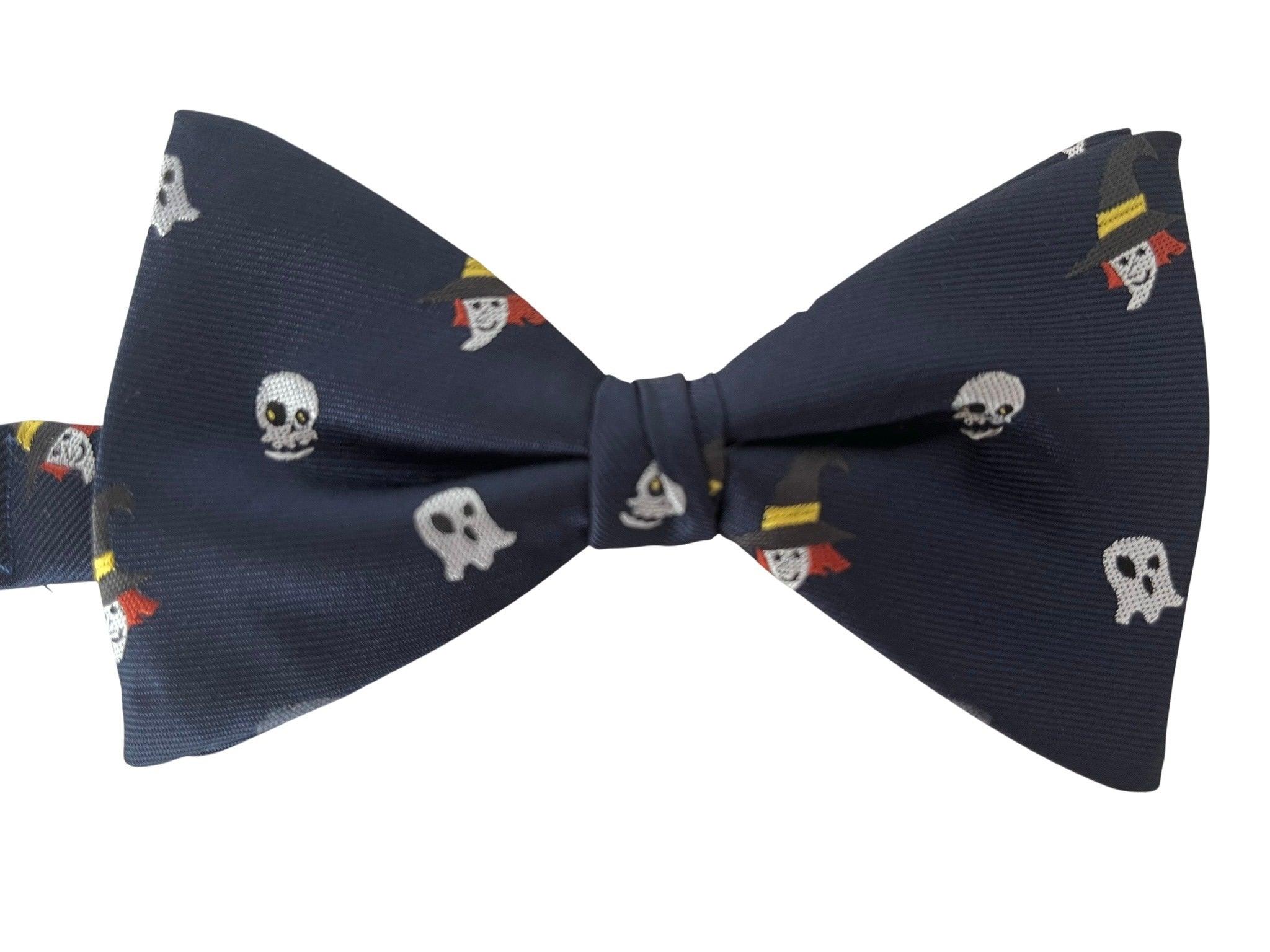 navy dark blue bow tie with quirky ghost witch skull halloween design - Image 2