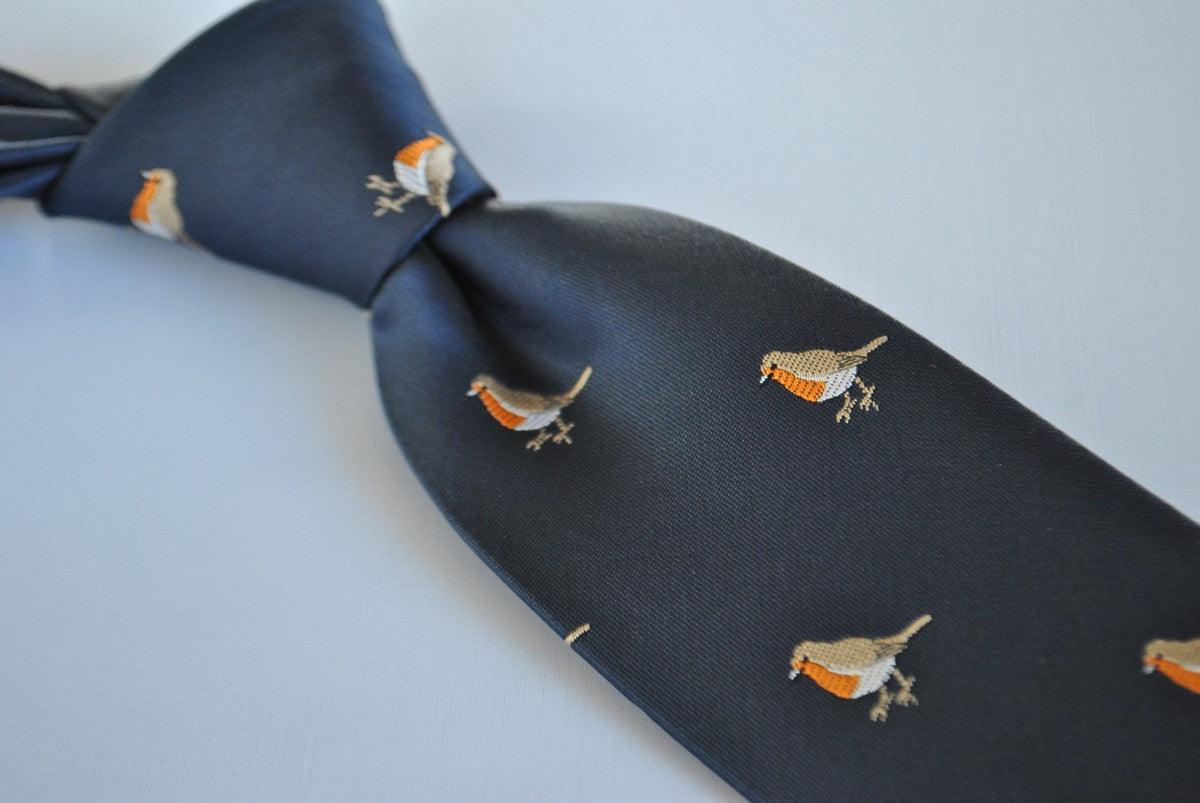 navy  tie with embroidered robin design - Image 3