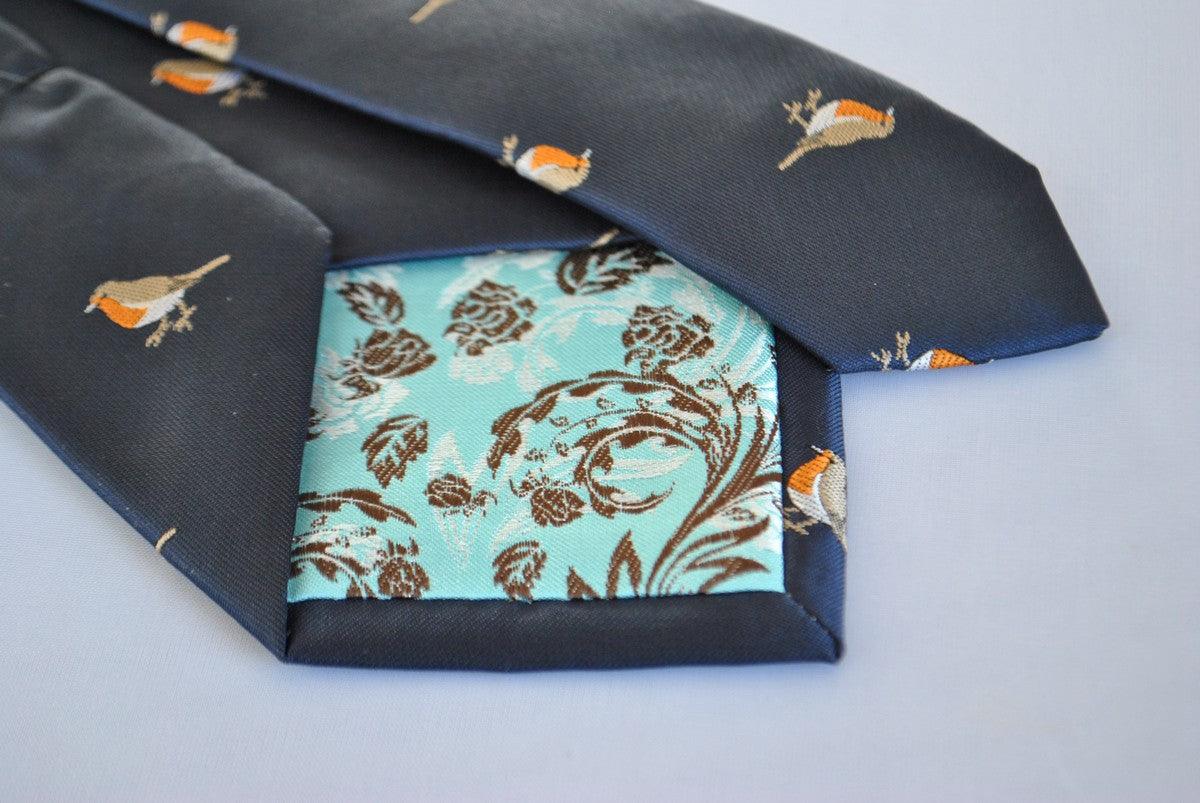 navy  tie with embroidered robin design - Image 4