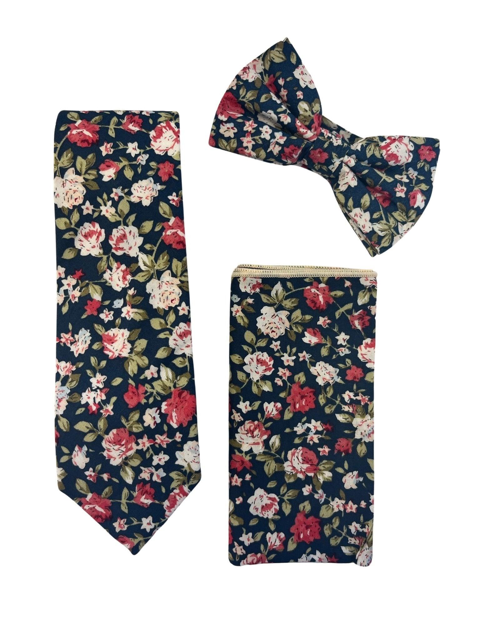 Navy with pink peony rose flower floral design cotton pocket square - Image 2