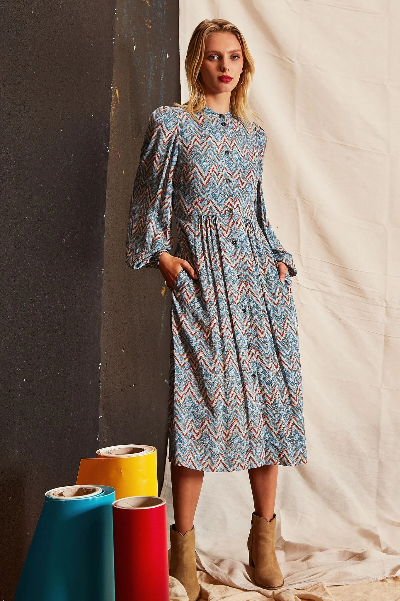 Nayma Art Attack Print Long Sleeve Midi Dress - Duck Egg - Image 4