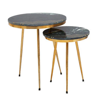 Set of 2 Green Marble Top Side Tables with Gold Inlay and Tapered Metal Legs, Nirav - Image 2