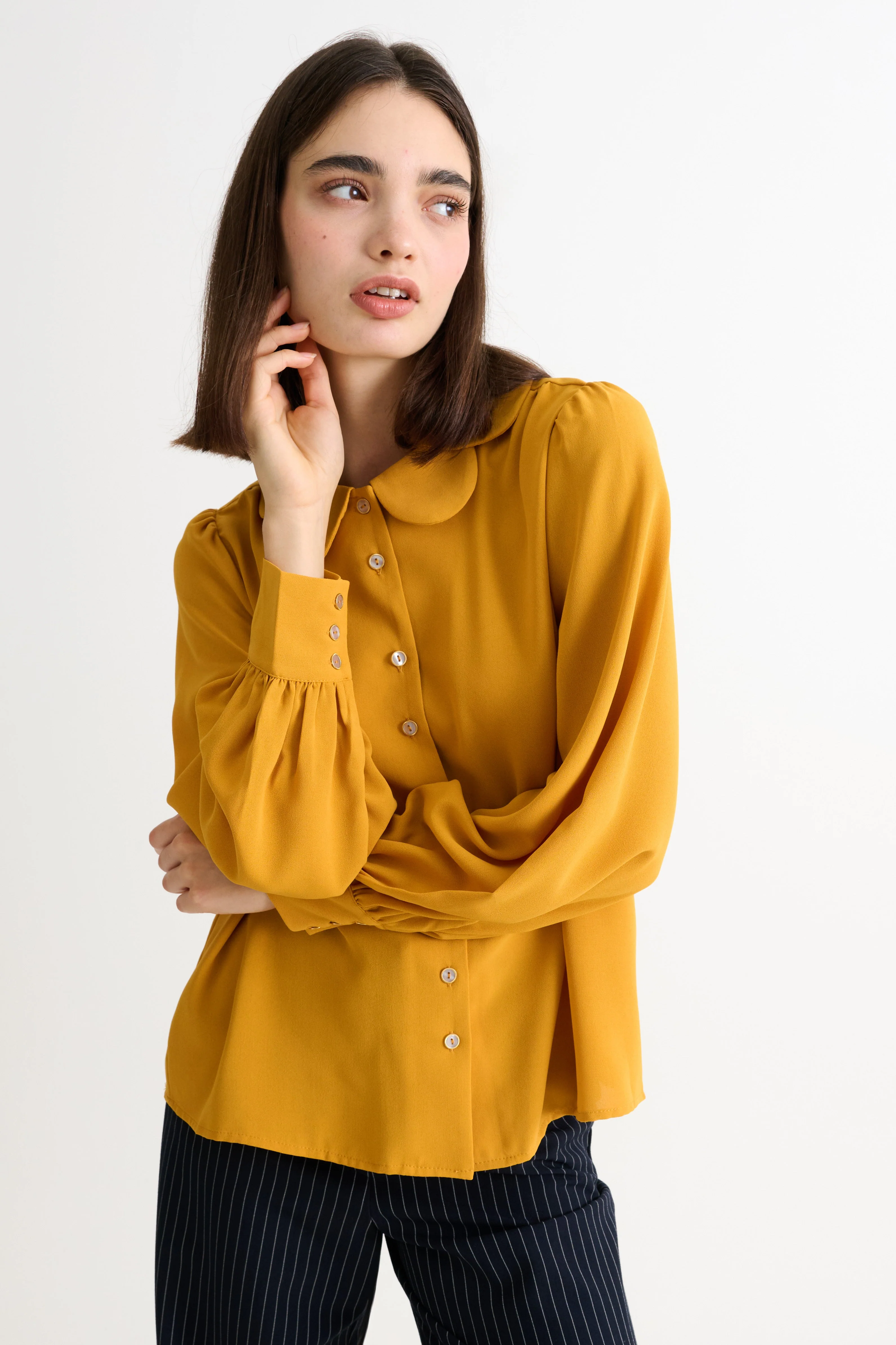 Octavia Crepe Petal Collar Blouse - Mustard - Image 3