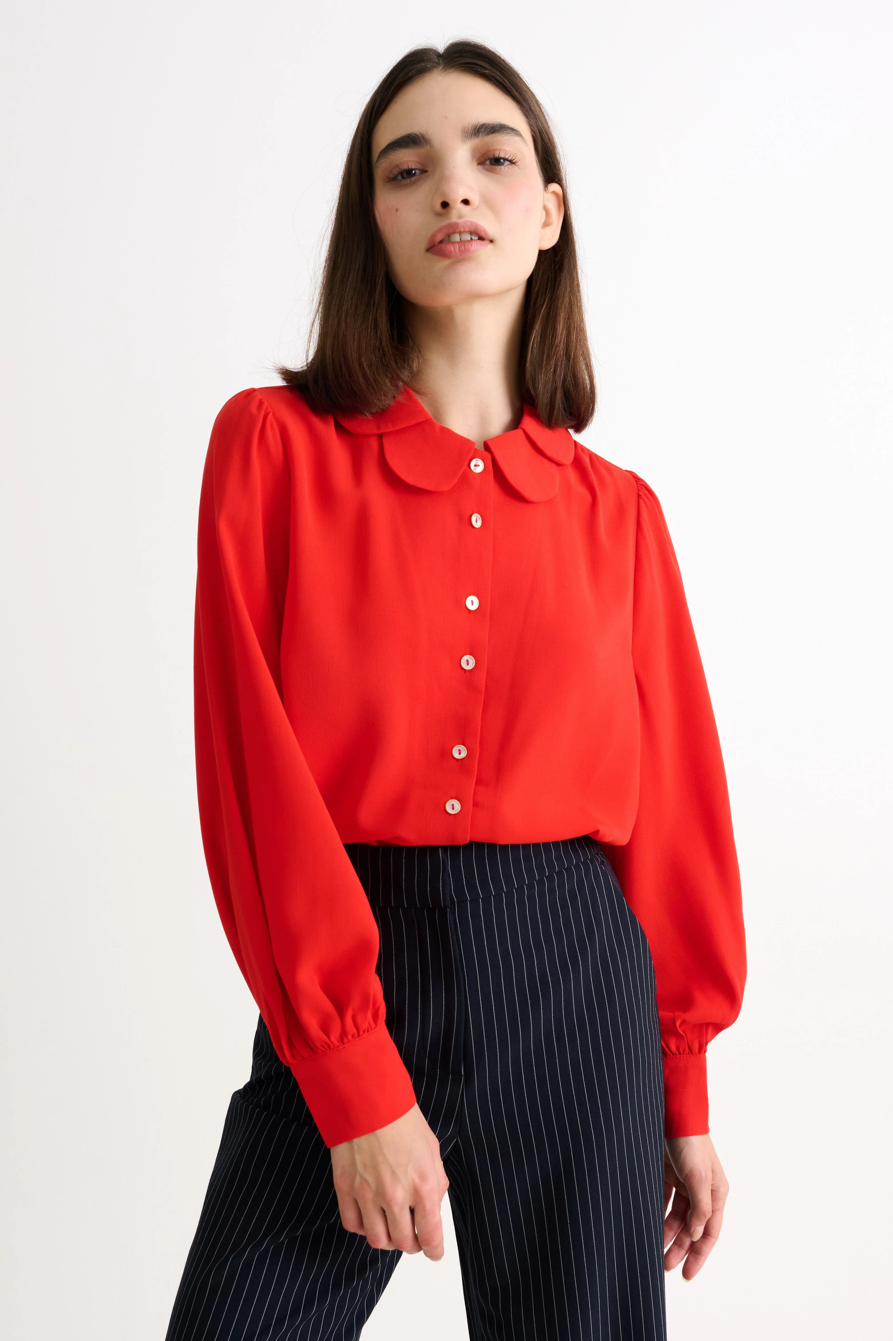 Octavia Crepe Petal Collar Blouse- Red - Image 6