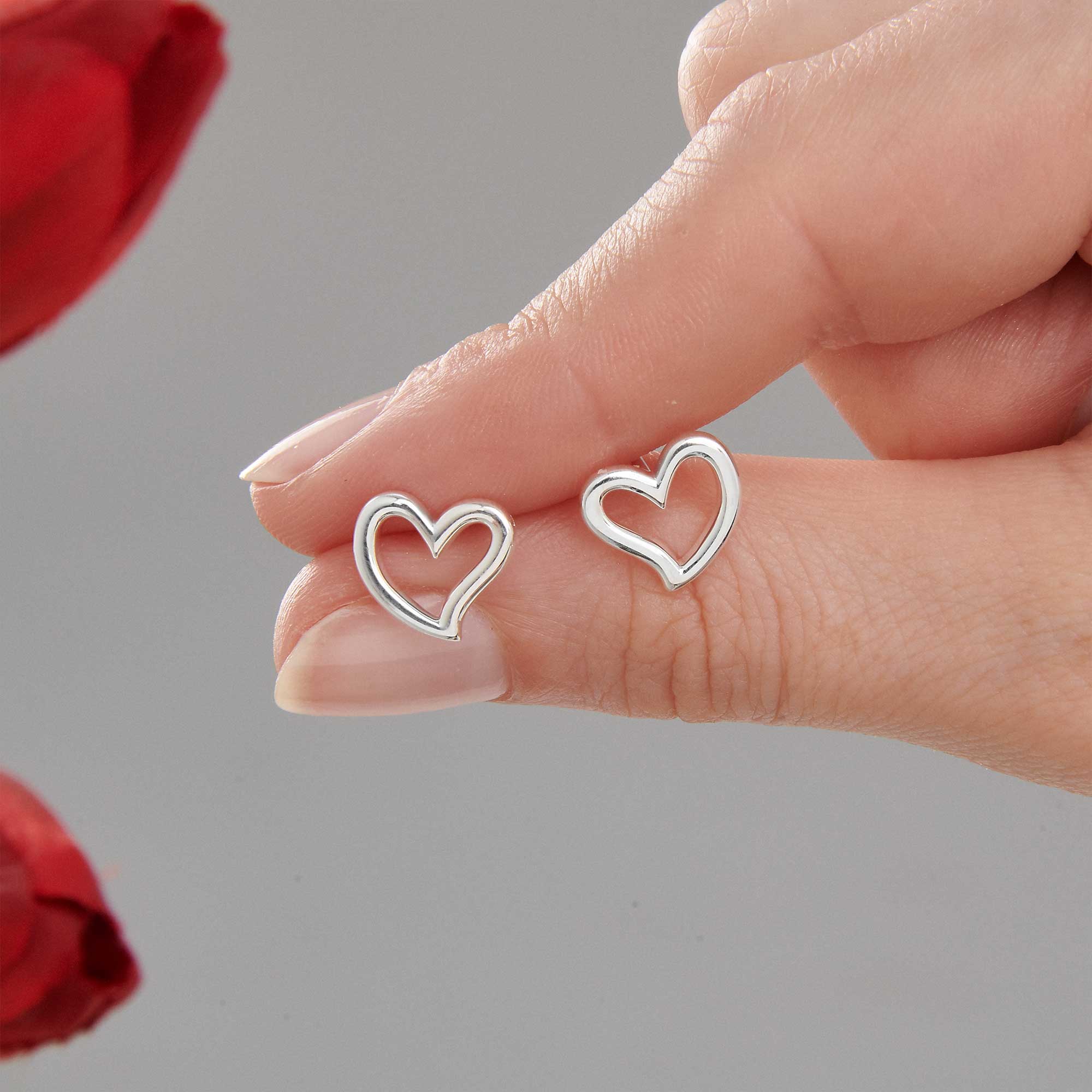 Open Heart Silver Stud Earrings - Image 2