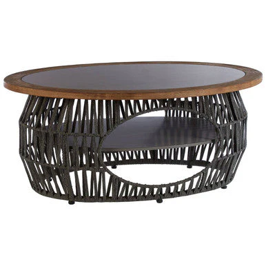 Grey Stone and Natural Wood Top Coffee Table with Rope Base, Opus - Image 3