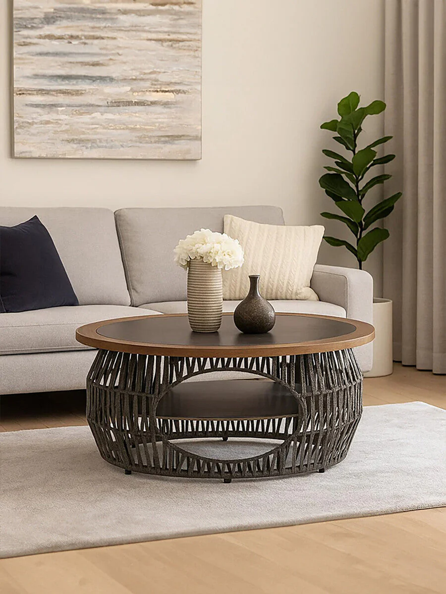 Grey Stone and Natural Wood Top Coffee Table with Rope Base, Opus - Image 7