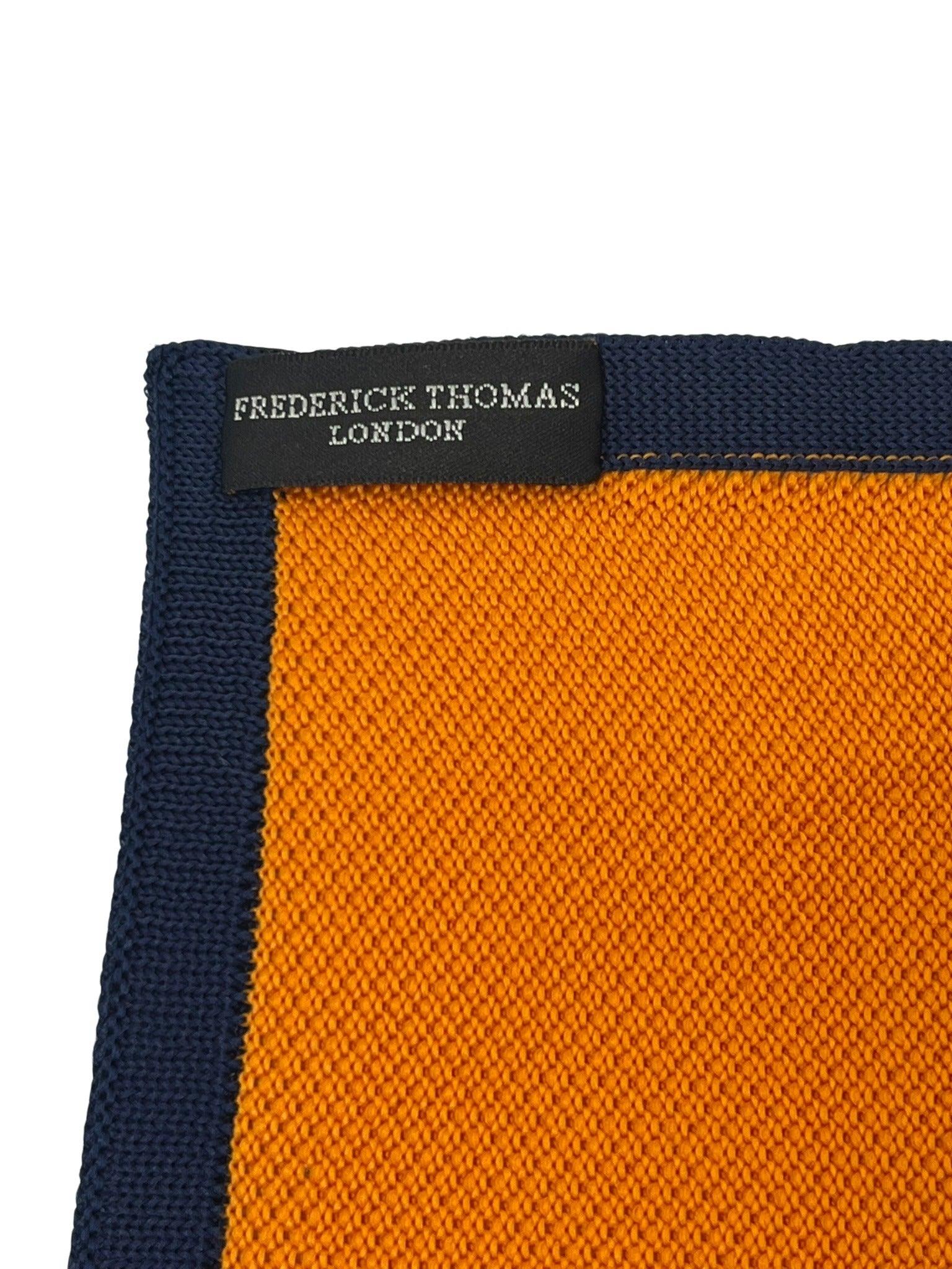 orange knitted pocket square with navy dark blue edging - Image 2
