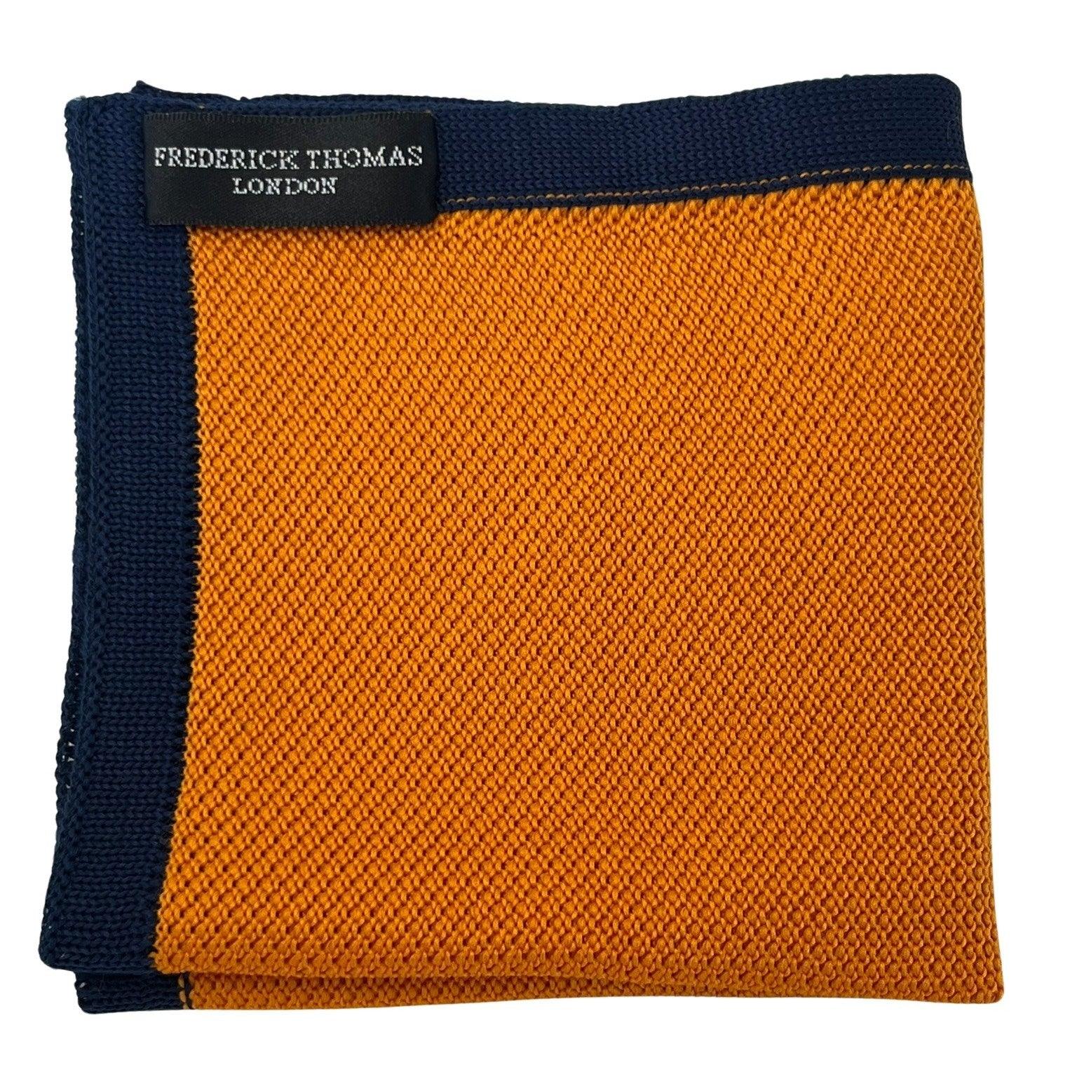 orange knitted pocket square with navy dark blue edging - Image 3