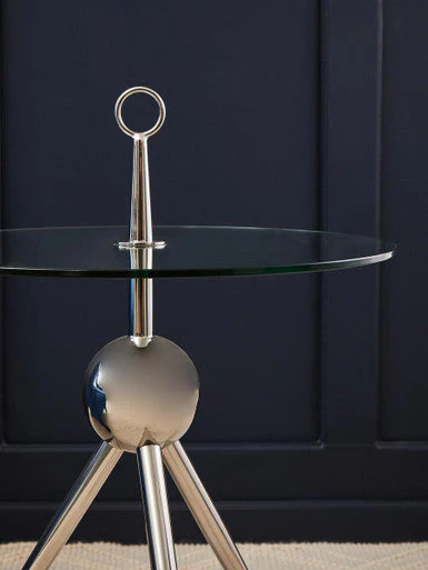 Clear Glass Top Side Table with Silver Stainless Steel Tripod Frame, Oria - Image 6