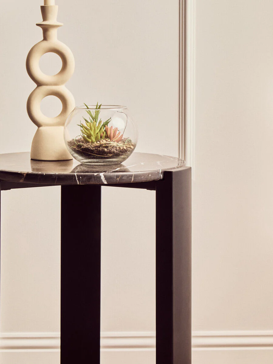 Black Marble Top Round Side Table with Black Acacia Wood Legs, Palermo - Image 5