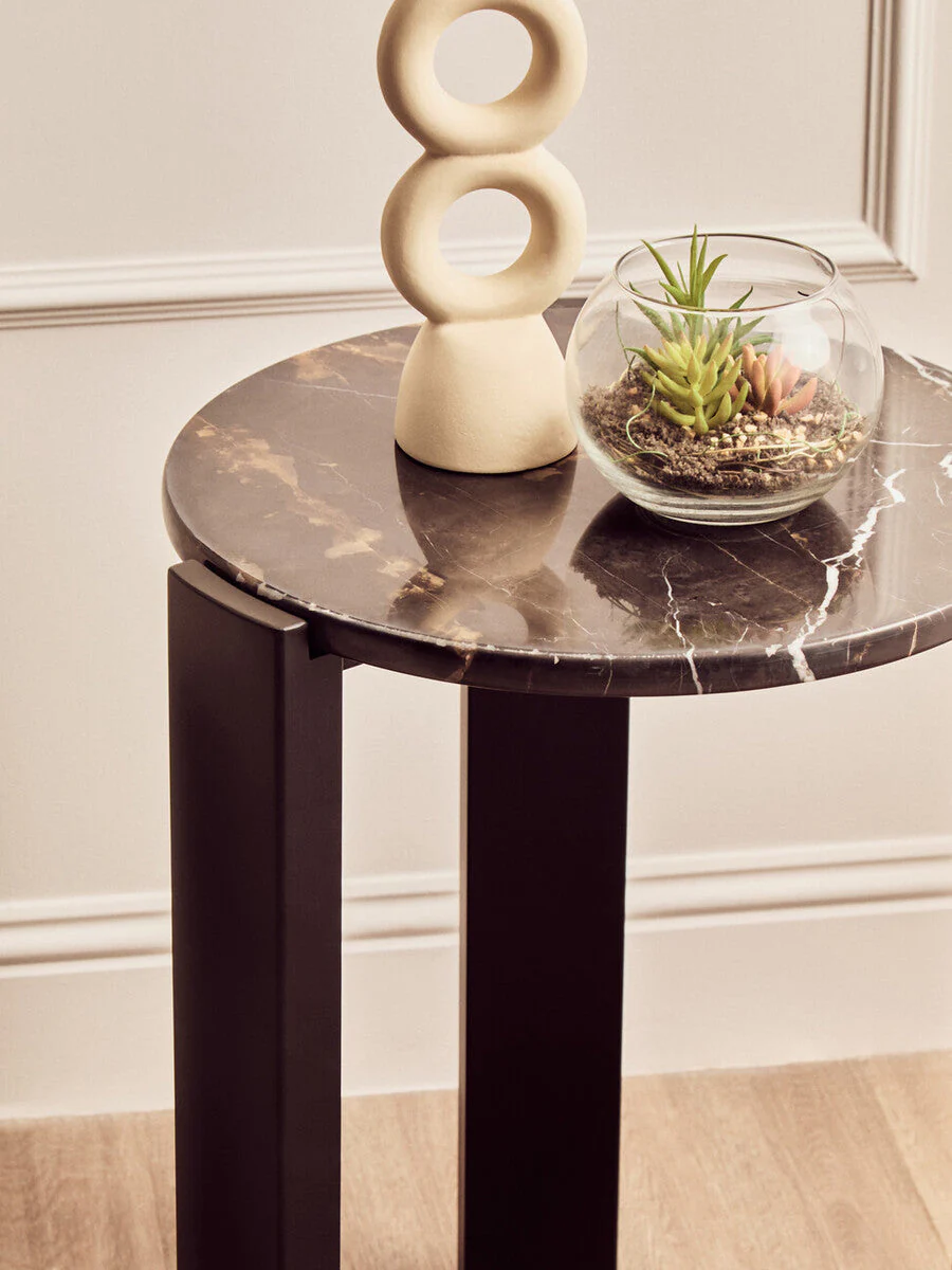 Black Marble Top Round Side Table with Black Acacia Wood Legs, Palermo - Image 6