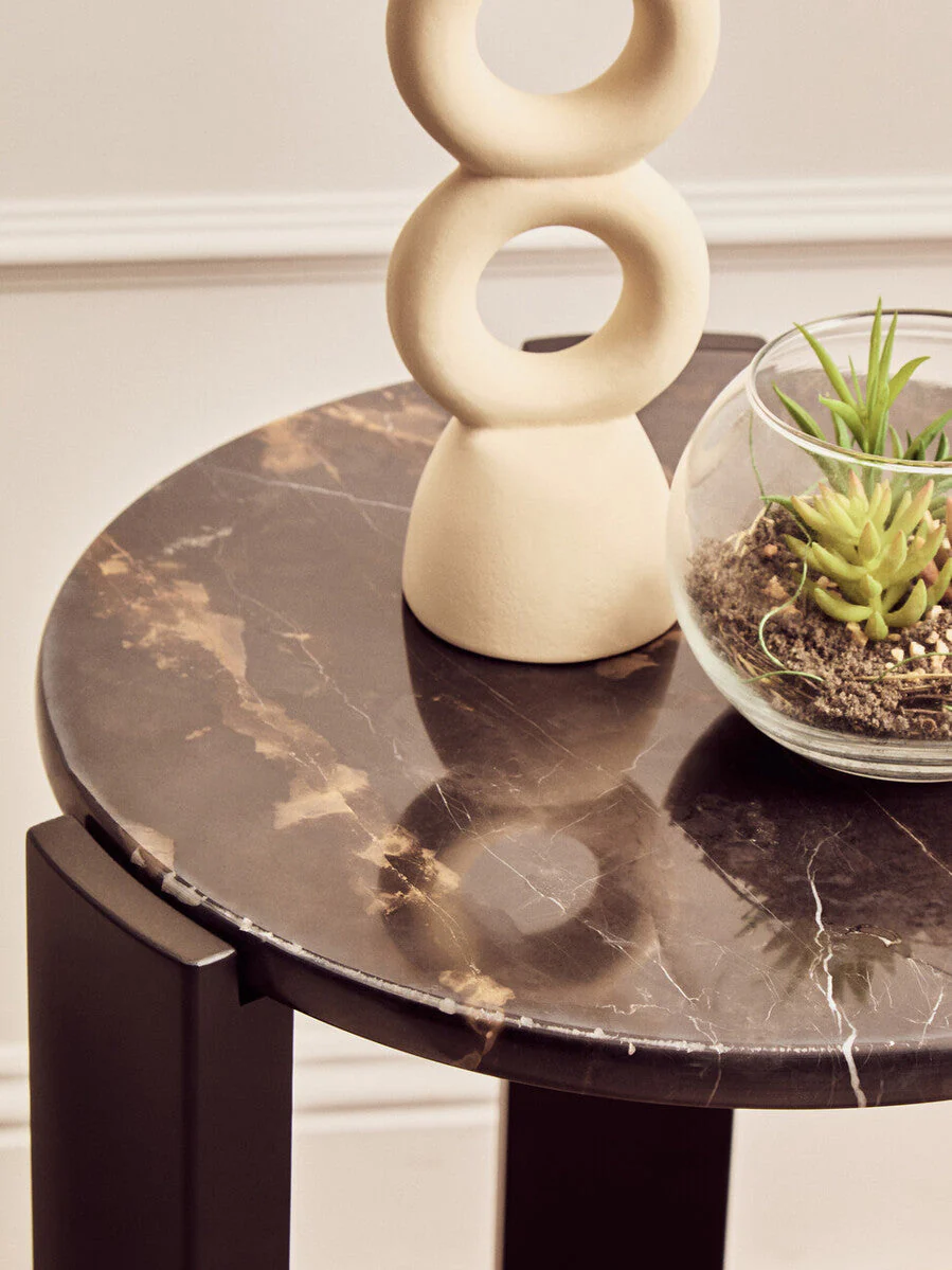 Black Marble Top Round Side Table with Black Acacia Wood Legs, Palermo - Image 7